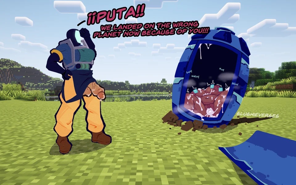 1futa, 1girls, 2025, after sex, big breasts, breasts, cum, cum inside, dark skin, dark skinned female, drifter (risk of rain), drop pod, excessive cum, female, futa/female, futanari, helmet, interracial, jacket, laying down, loader (risk of rain), minecraft, orange clothing, parody, penis, penis out, pierced nipples, piercing, risk of rain, risk of rain 2, slushieverses, spanish text