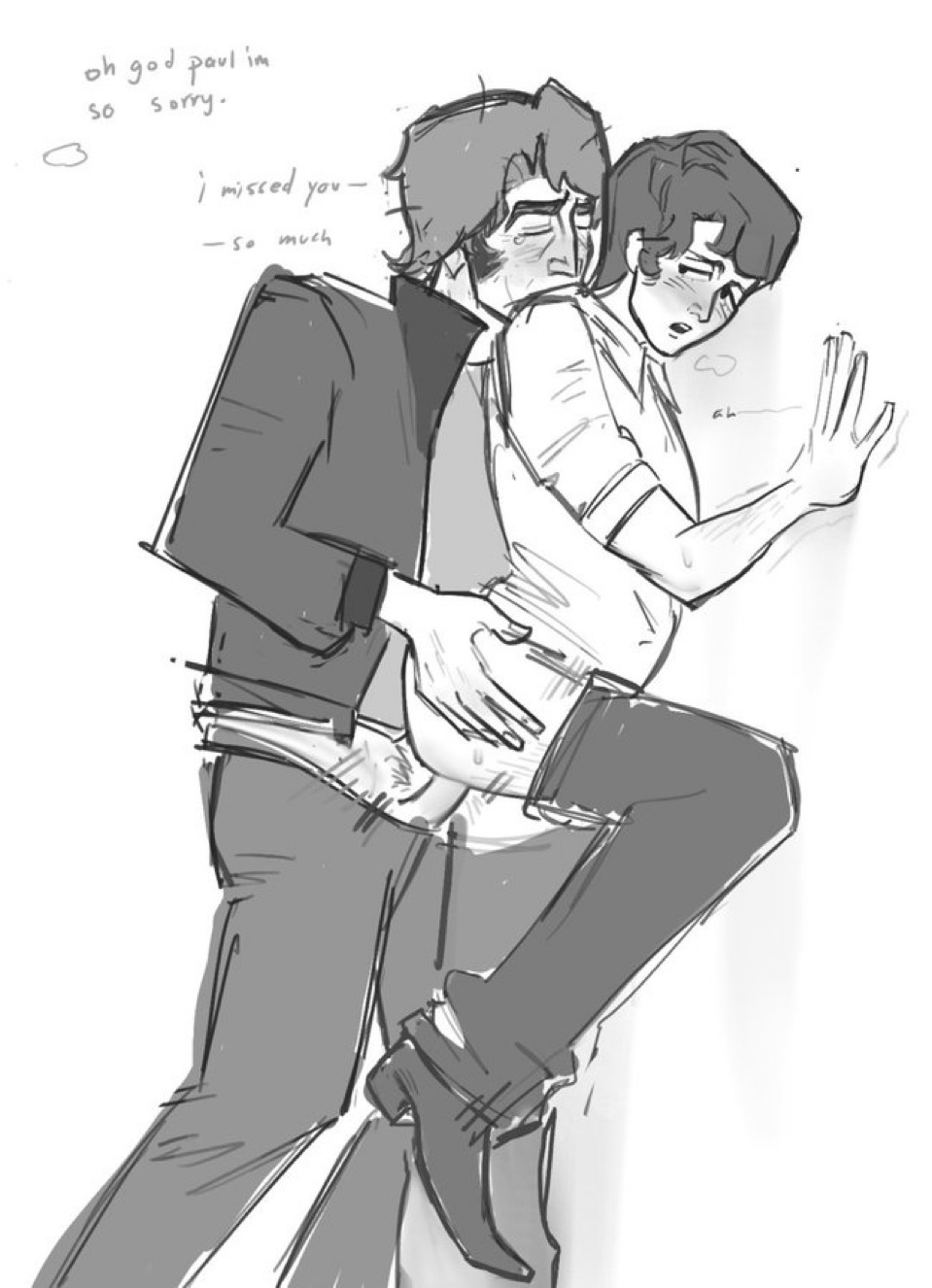 2boys, against surface, against wall, anal, anal penetration, anal sex, arched back, dialogue, english text, from behind, functionally nude, functionally nude male, gay, john lennon, male/male, mclennon, paul mccartney, real person, sketch, tagme, the beatles, visible breath, yaoi