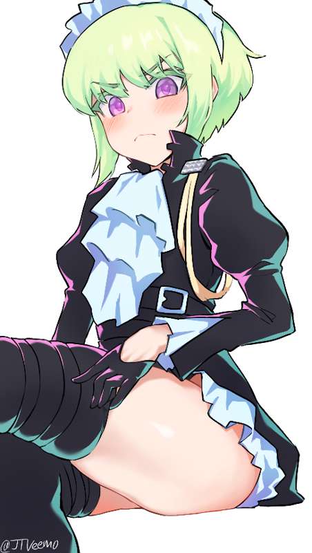 1boy, androgynous, blush, blushing at viewer, crossdressing, embarrassed, femboy, femboy only, jtveemo, lio fotia, maid, maid apron, maid dress, maid headdress, maid outfit, maid uniform, pov, promare, slim, slim male, slim waist, solo, stockings, thighhighs, thighs, thighs focus, twink