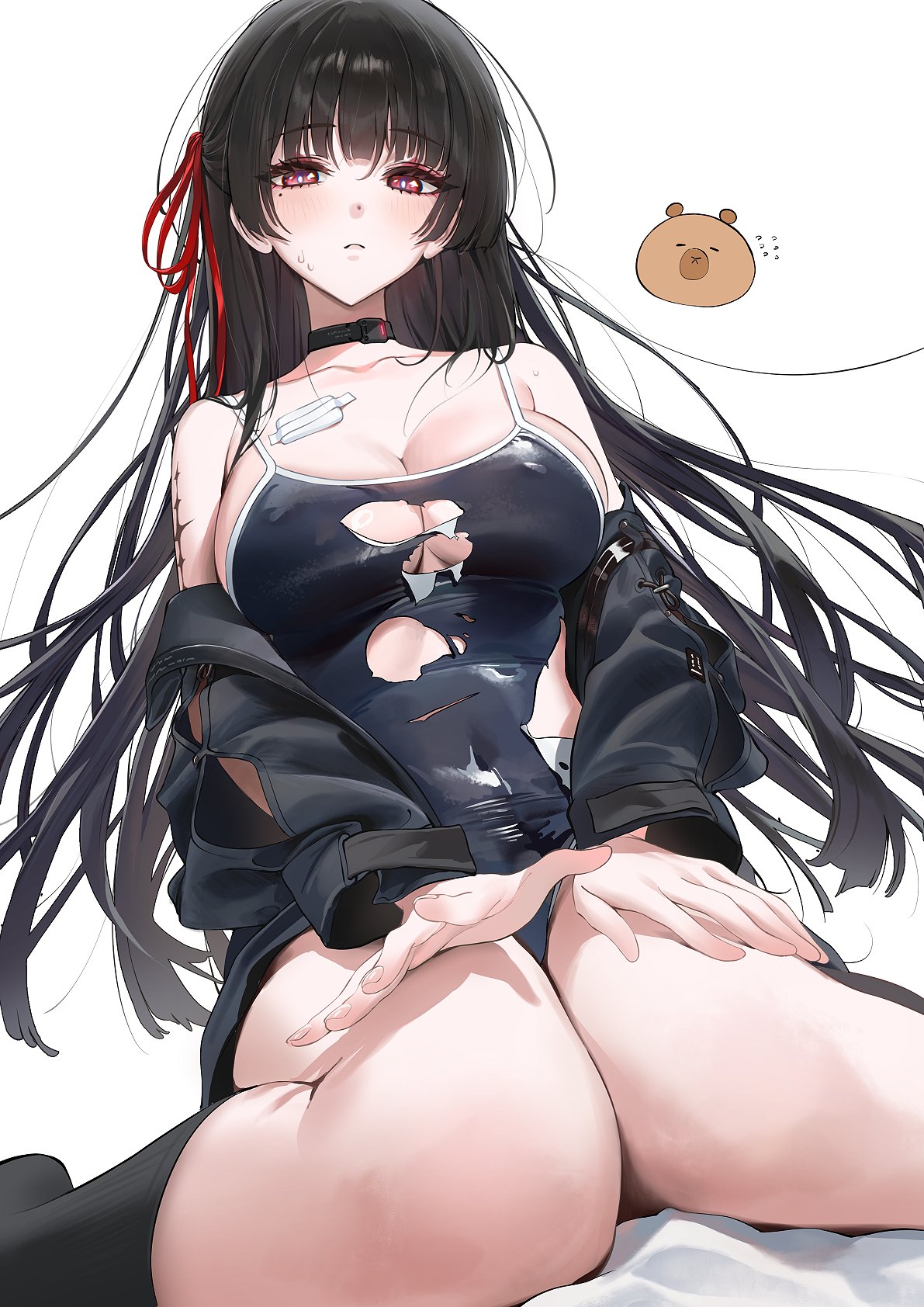 1girls, artist request, black hair, breasts, chisa (wuthering waves), legs, long hair, red eyes, ripped clothing, wuthering waves