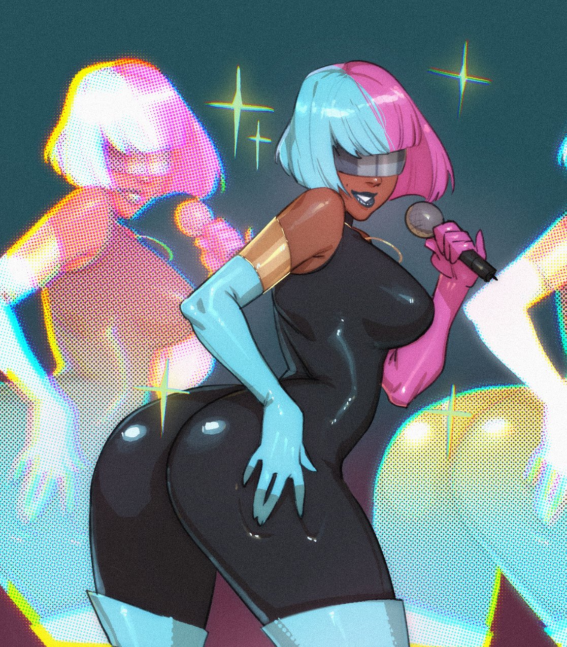 1girls, 2025, 2d, 2d (artwork), alice (dispatch), big ass, big butt, bubble ass, bubble butt, cluque95, dark skin, dark-skinned female, dispatch (game), female, female only, hand on ass, hologram, holograms, kukumomo, large ass, large butt, looking at viewer, looking back, photokinesis, prism, short hair, solo, solo female, sunglasses, two-tone hair