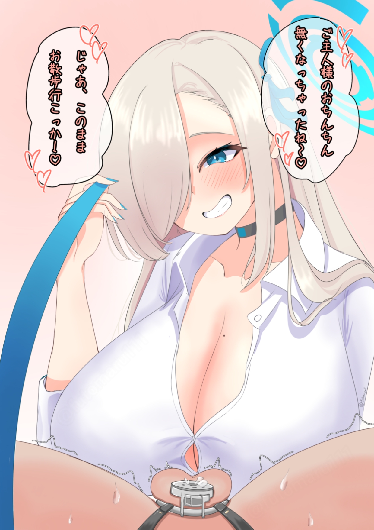 1boy, 1girls, asuna (blue archive), blonde hair, blue archive, blue eye, blush, breasts, chastity cage, chastity device, cleaning & clearing (blue archive), cleavage, clothed female nude male, clothing, dirty talk, dominant female, female, female domination, femdom, flat chastity cage, futomaru (marufuto), gyaru, hair over one eye, huge breasts, humiliation, japanese text, leash, leashed pov, light skin, light-skinned female, light-skinned male, looking at viewer, male, male pov, malesub, millennium science school student, talking to viewer, text