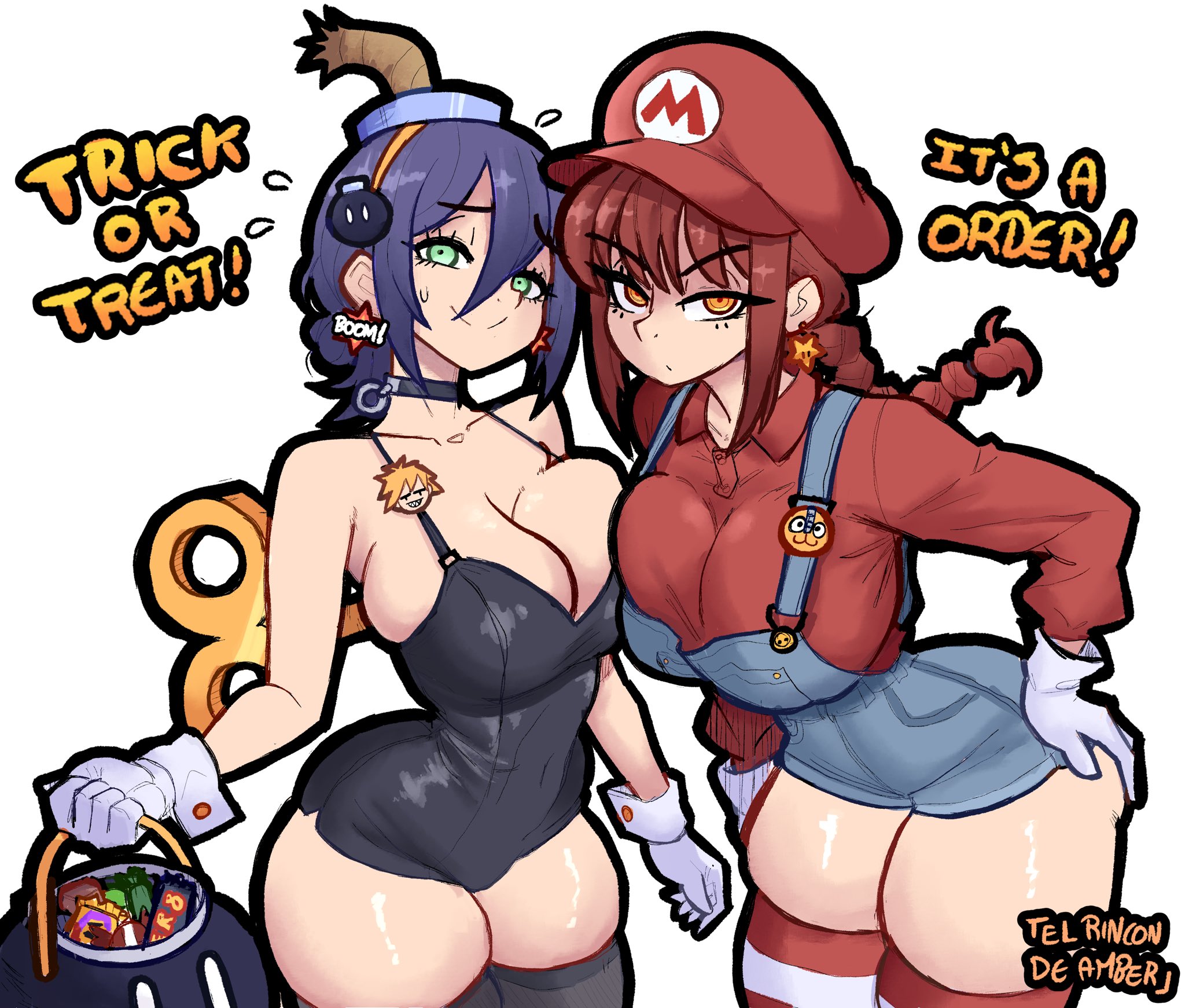 2girls, alternate breast size (larger), alternate costume, asymmetrical docking, black choker, black leotard, black thighhighs, blue hair, blue overalls, bob-omb, bob-omb (cosplay), bomb hair ornament, braid, braided ponytail, breast press, breasts, candy, chainsaw man, choker, cleavage, closed mouth, commentary, cosplay, curvy, double-parted bangs, dungarees, earrings, el rincon de amber, english commentary, female, female only, flying sweatdrops, food, gloves, green eyes, grenade pin, hair between eyes, hair ornament, halloween bucket, hat, highres, jewelry, large breasts, leaning forward, leotard, long hair, looking at viewer, makima (chainsaw man), mario, mario (cosplay), mario (series), multiple girls, nintendo, orange eyes, overalls, red hair, red hat, red shirt, red thighhighs, reze (chainsaw man), ringed eyes, shirt, short hair, simple background, small sweatdrop, smile, star (symbol), star earrings, striped clothes, striped thighhighs, thick thighs, thighhighs, thighs, trick or treat, white background, white gloves