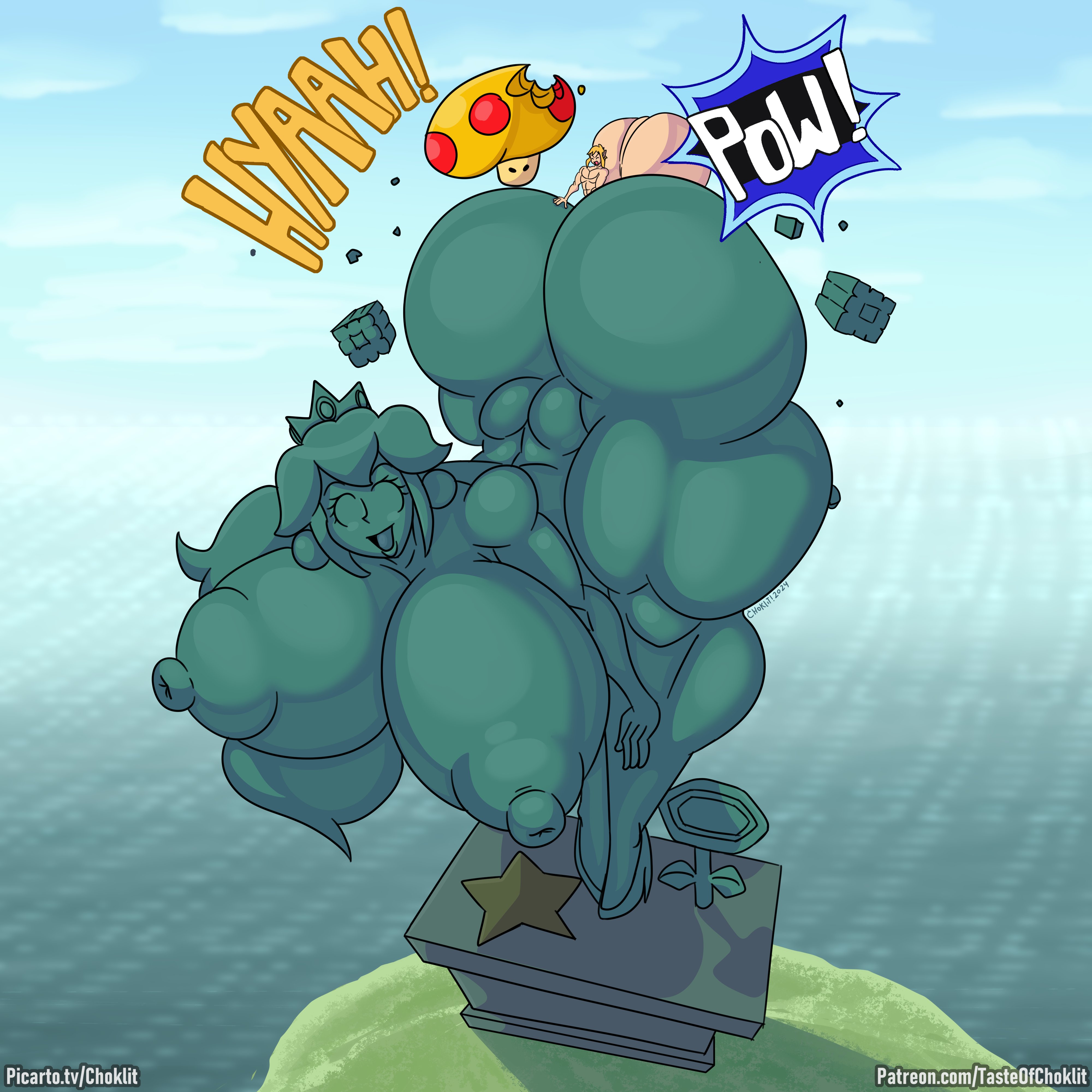 1boy, 1girls, 2d, 2d (artwork), 2d artwork, ass, ass bigger than head, big balls, breasts, breasts bigger than head, bricks, crown, curvy, deep penetration, female, fire flower, fucked from behind, giant mushroom, giantess, gigantic penis, green hair, green skin, huge balls, hyper, hyper ass, hyper balls, hyper breasts, hyper penetration, hyper penis, hyper stomach bulge, link, looking at another, looking at partner, mario (series), mario kart, mega mushroom, nintendo, nude, paizuri, penetration, penis, pow block, princess, princess peach, public, public nudity, sex, shaded, shadow, shorter male, small but hung, star, statue, stomach bulge, stomach bulge paizuri, super mario bros., tagme, taller female, tasteofchoklit, the legend of zelda, yellow hair