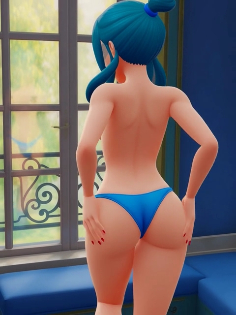 1girls, ai generated, ass, back, blue hair, blue panties, hands on ass, mable (pokemon legends: z-a), mable (pokemon), momiji (pokemon legends: z-a), momiji (pokemon), nail polish, panties, panties only, pokemon, pokemon legends: z-a, red nails, reflection, yallahs80