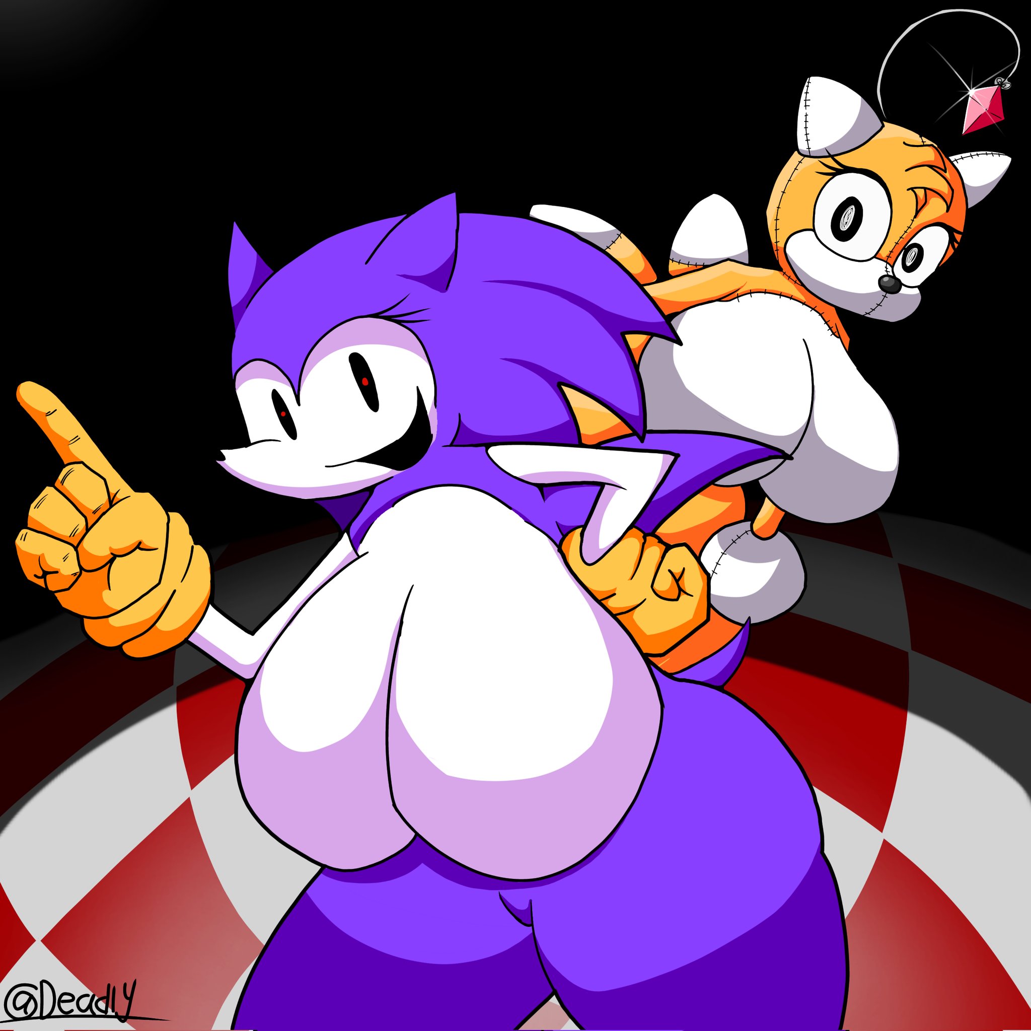 2d, 2d (artwork), 2girls, 5 fingers, artist name, big breasts, breasts, breasts bigger than head, creepypasta, doll, female, female only, fingers, hand on hip, long nose, looking at viewer, needlemouse (character), needlemouse (series), sarah henderson (needlemouse), smile, smile at viewer, smiley face, sonic (series), sonic the hedgehog (series), sonic.exe, sonic.exe (series), tails doll, tailsko doll, tapiathiag52803, thick thighs, thighs, thighs bigger than head, thin arms