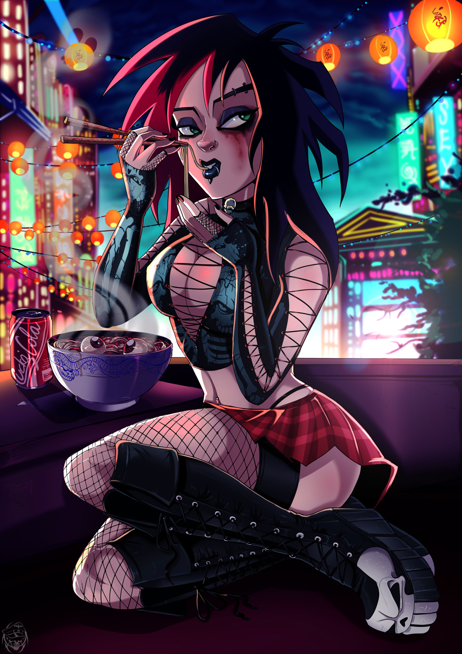 1girls, bleeding mascara, blue hair, breasts, bustier, busty, cleavage, extreme ghostbusters, eyeshadow, female, female focus, fishnet stockings, fishnets, ghostbusters, goth, goth girl, kylie griffin, lipstick, makeup, shadman, skirt, solo, voluptuous