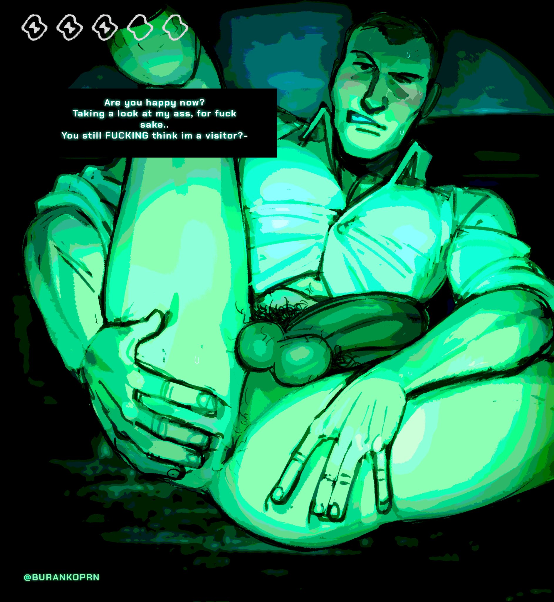 1boy, anal, ass focus, bar guy (no, i'm not a human), black hair, burankoprn, exhibitionism, hairy, half naked, legs spread, light skin, male, male only, masculine, no, i'm not a human, penis, tagme, tall male, text bubble