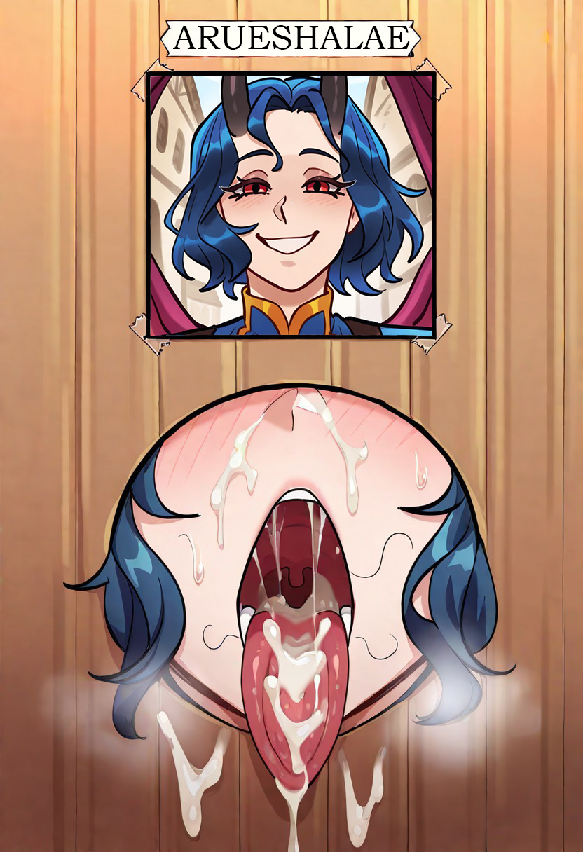 ai generated, artist request, arueshalae, blue hair, blush, cum, cum in mouth, cum inside, cum on face, demon girl, female, glory hole, glory wall, heavy breathing, horns, implied oral, juxtaposition, open mouth, pathfinder, pathfinder wrath of the righteous, photo, prostitution, public use, red eyes, short hair, smile, steam, stray pubic hair, stuck in wall, succubus, tongue out, wings