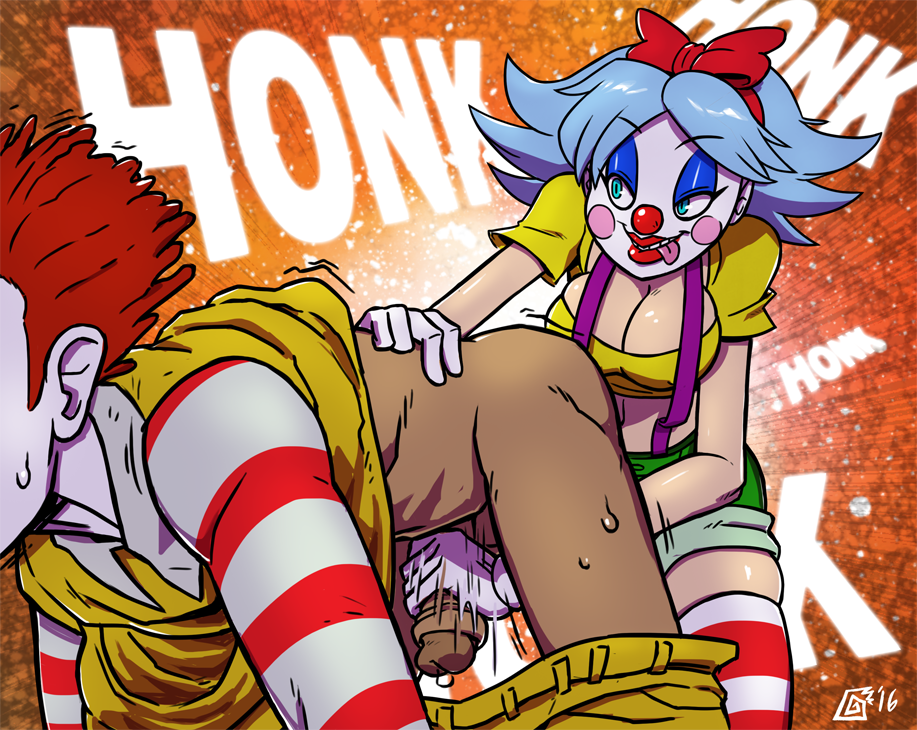 2016, all fours, aqua eyes, blue hair, breasts, cleavage, clown, dizzy demon, duo, eyelashes, eyeshadow, facepaint, female, femdom, giggles the slutty clown, gloves, hairbow, handjob, human, large breasts, lipstick, male, mcdonald's, motion lines, original character, pants down, penis, penis milking, red hair, red lipstick, ronald mcdonald, short shorts, shorts, signature, smile, sound effects, straight, striped, striped legwear, suspenders, sweat, thick lips, thighhighs, tongue, tongue out, trembling, unseen male face, what