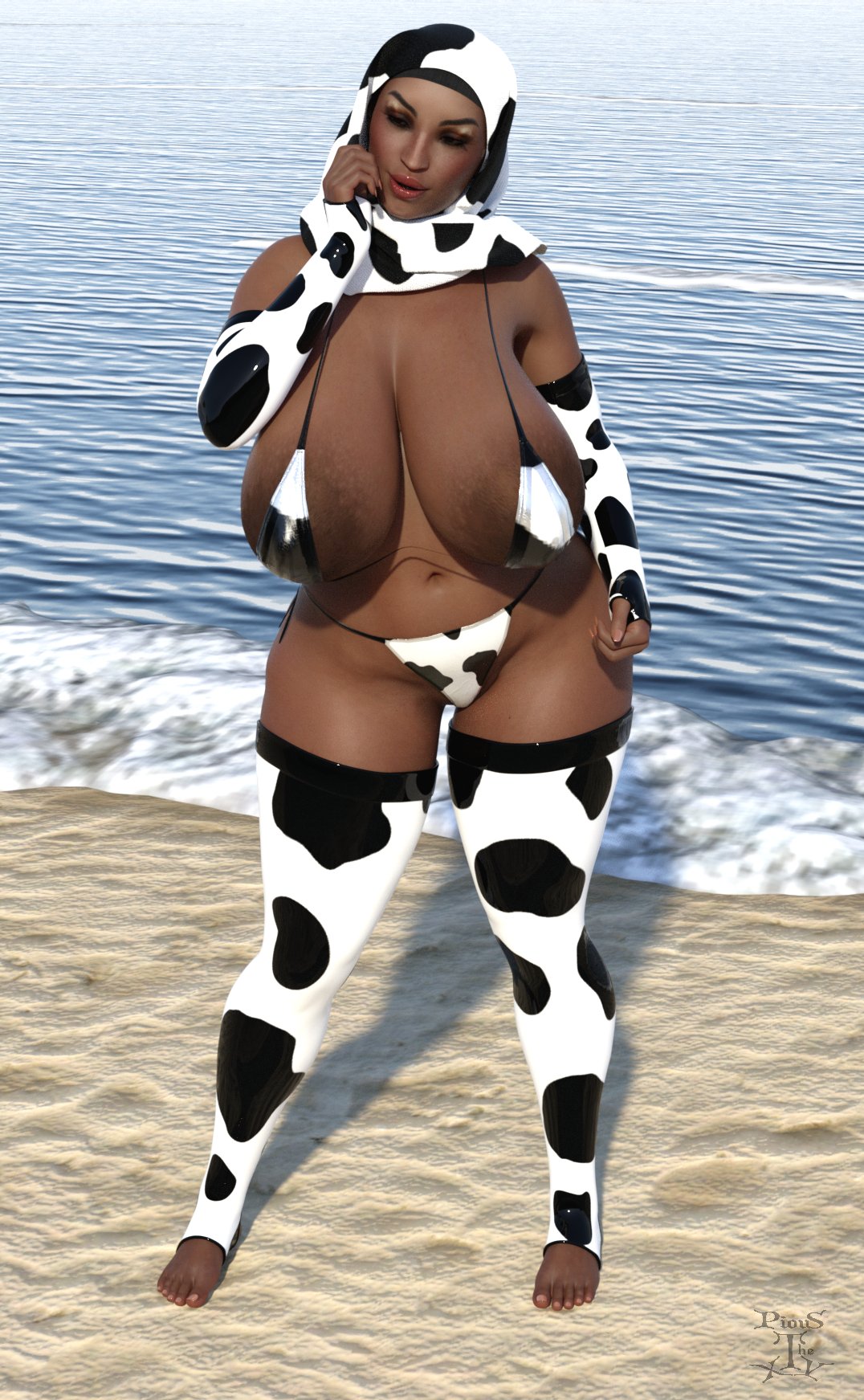 1girls, 3d, areola slip, areolae, beach, big breasts, bikini, breasts, cow print, dark skin, dark-skinned female, female, female only, hijab, huge breasts, muslim, muslim female, pious 15th, sagging breasts, solo, thighhighs, wide hips