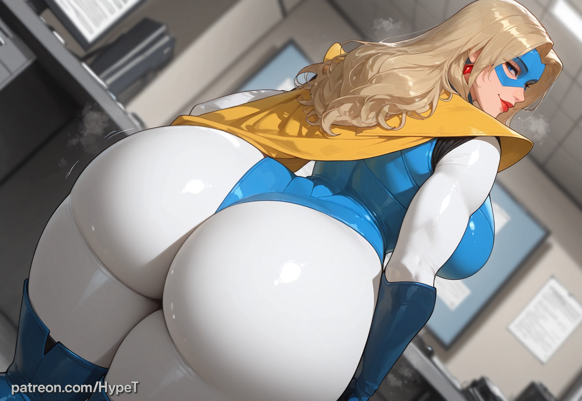 ai generated, alternate version at source, ass focus, back view, big breasts, blonde, blonde blazer, blonde female, blonde hair, blonde hair female, blonde-haired female, blue eyes, bodysuit, breasts, curvaceous, curvaceous body, curves, curvy, curvy body, curvy female, curvy figure, dispatch (game), fat ass, female, female only, gigantic ass, heroine, hips, hourglass figure, hypet, indoors, light skin, light-skinned female, lips, lipstick, mask, office, red lipstick, shiny, shiny skin, squatting, steam, suit, superhero, superheroine, tagme, thick, thick ass, thick hips, thick legs, thick thighs, thighs, tight clothing, tight fit, video game character, video games, voluptuous, voluptuous female, wet, wide hips