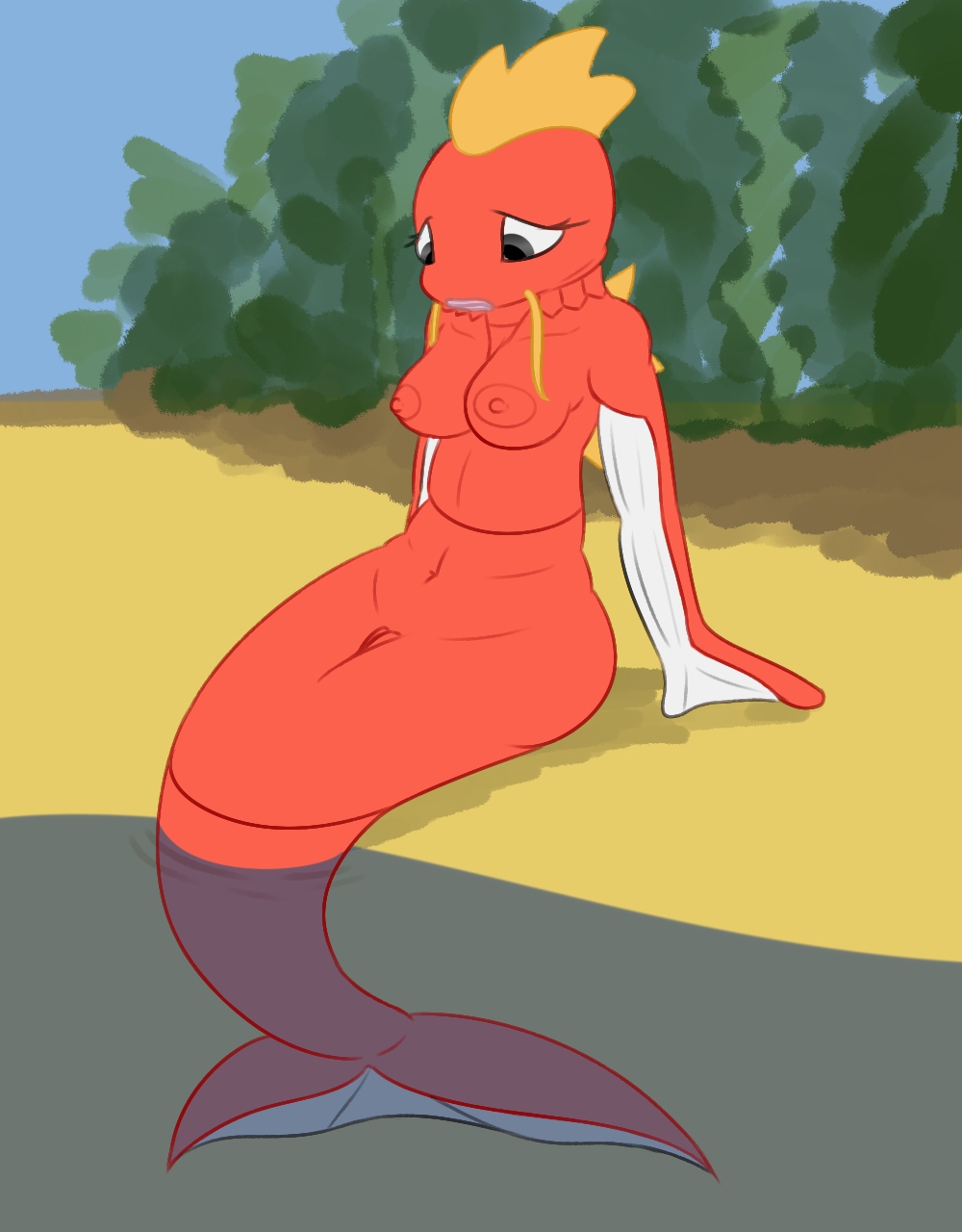 anthro areola beach breasts carp erect_nipples eyelashes female fin fish flesh_whiskers forest grey_eyes half-closed_eyes heart hi_res magikarp marine merfolk navel nintendo nipples nude outside pokemon posexe presenting pussy red_skin sad sand sea seaside simple_background smooth_skin solo tree video_games water whiskers