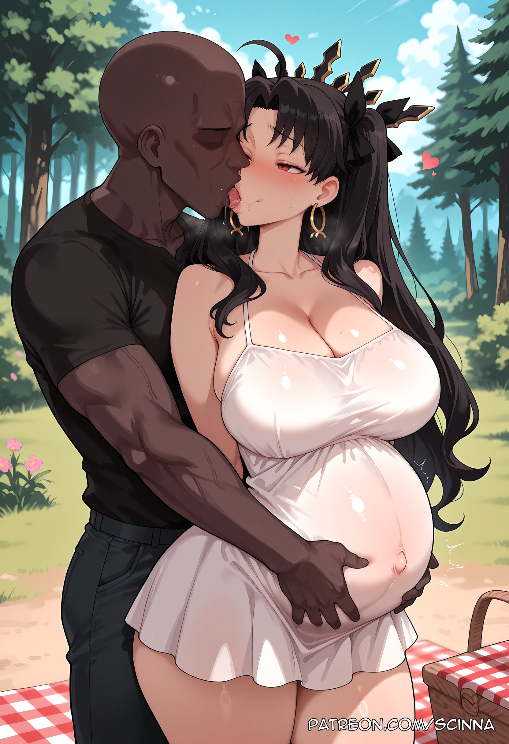 1boy, ai generated, bangs, bare shoulders, black hair, blush, breasts, cleavage, curvaceous, curvaceous body, curvy, curvy body, curvy female, dark-skinned male, day, earrings, fate (series), fate/grand order, female, heart, huge breasts, ishtar (fate), ishtar (fate) (all), ishtar (fate/grand order), jewelry, kissing, long hair, outdoors, pregnant, pregnant female, scinna, self upload, stable diffusion, tree, wholesome