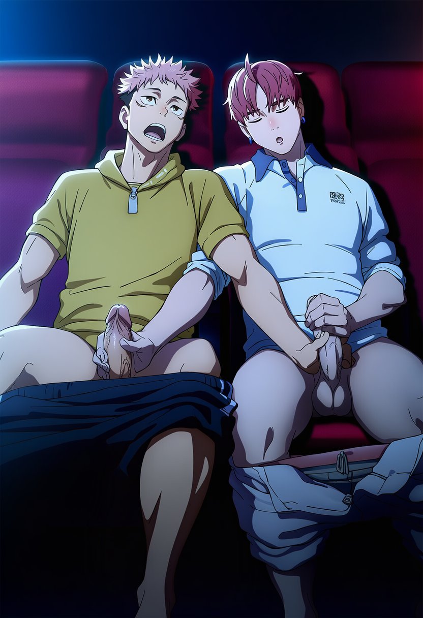 2boys, ai generated, bara, dandadan, gay, hawkchan99, itadori yuuji, jin enjoji, jujutsu kaisen, male, male focus, male only, masturbation, movie theater, muscular, muscular male, mutual masturbation, pants down, theater, yaoi