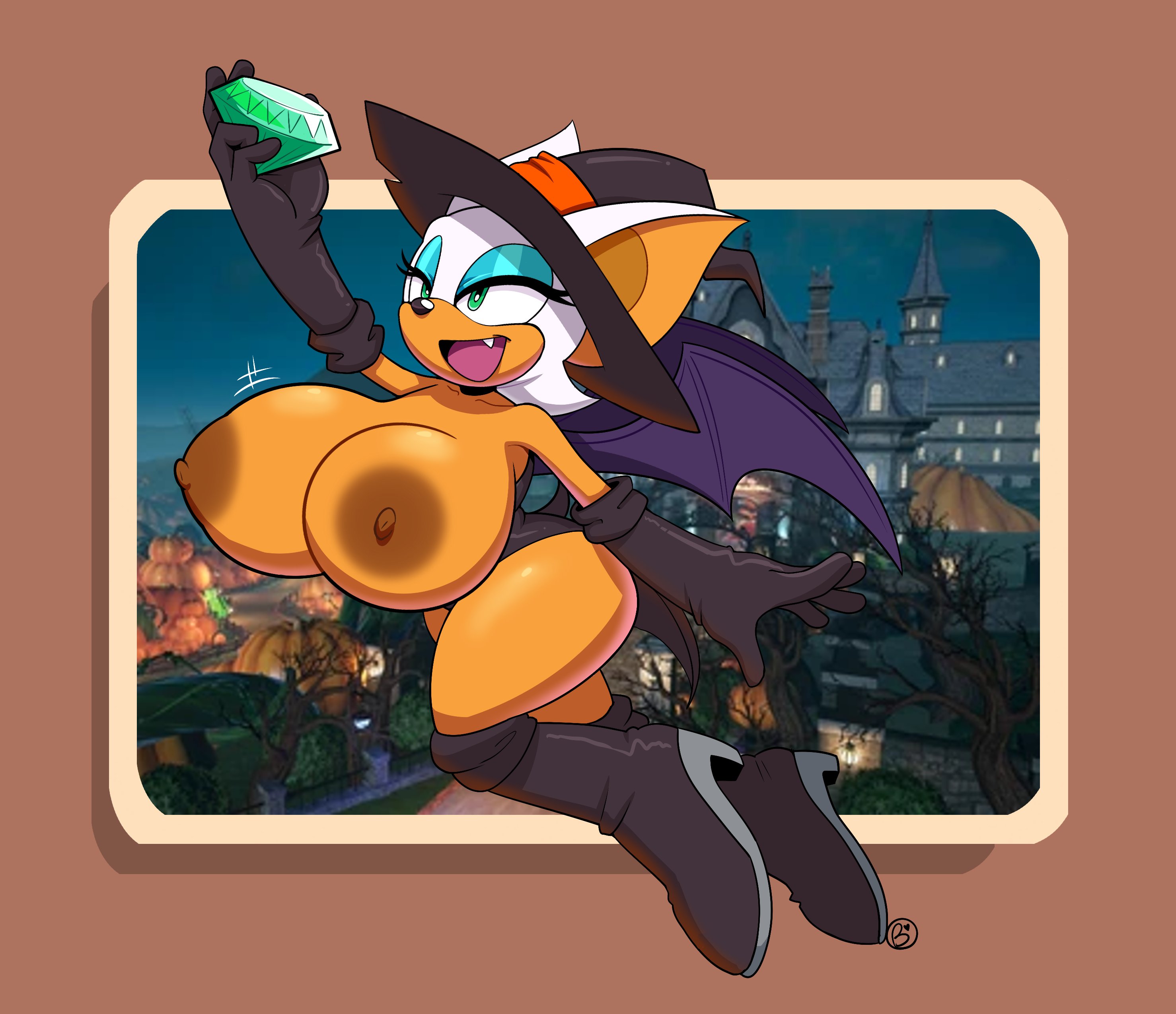 2d (artwork), alternate costume, anthro, big breasts, chaos emerald, costume, female, halloween, huge breasts, miobadders, nipples, nude, rouge the bat, sega, sonic (series), sonic the hedgehog (series), thick thighs, witch, witch costume, witch hat