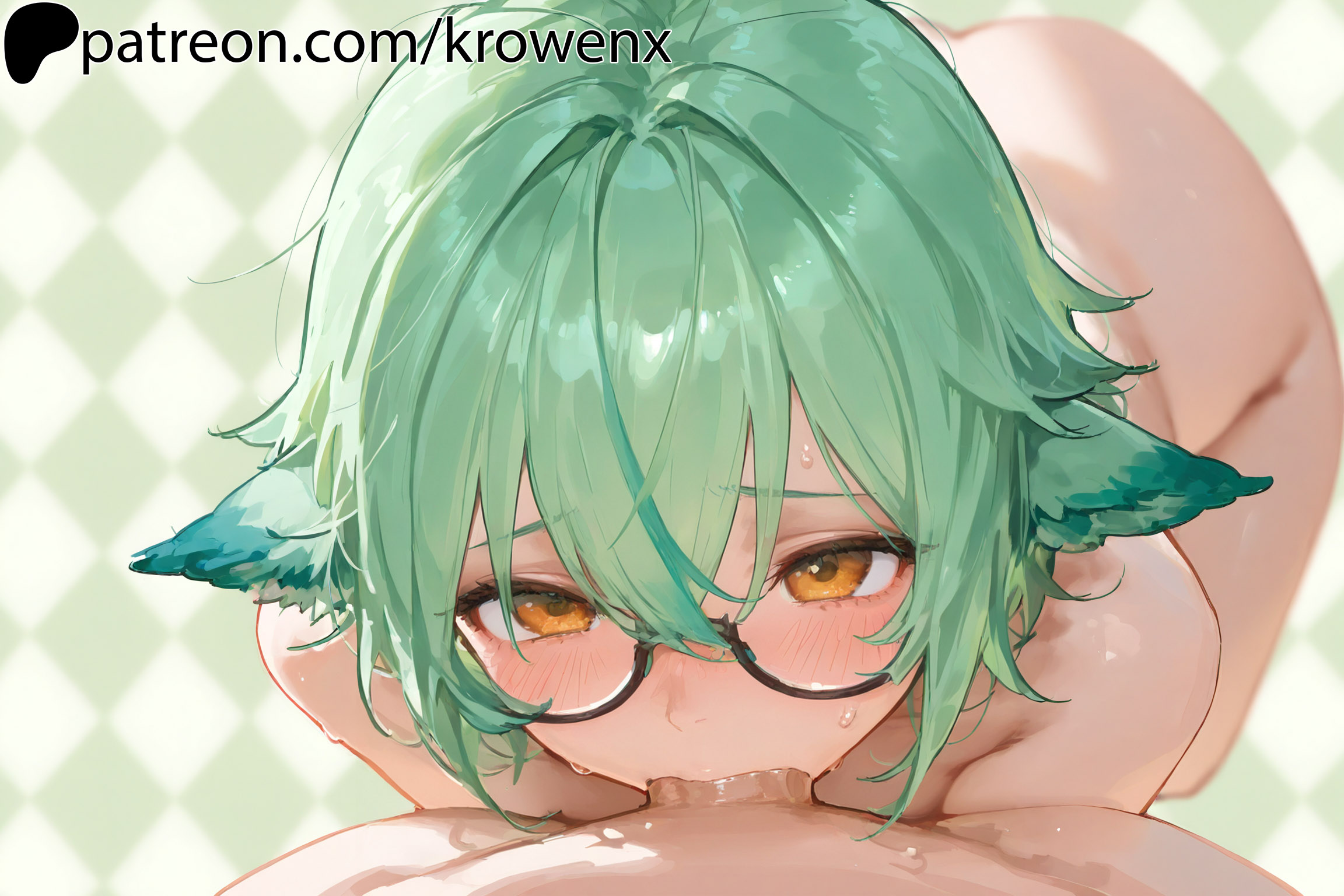 1boy1girl, 1girls, ai generated, blowjob, blush, deepthroat, female, female focus, from above, genshin impact, glasses, green hair, krowenx, male/female, naked, naked female, nude, nude female, oral, oral penetration, oral sex, orange eyes, penis, penis in mouth, sucking, sucking penis, sucrose (genshin impact), uncensored