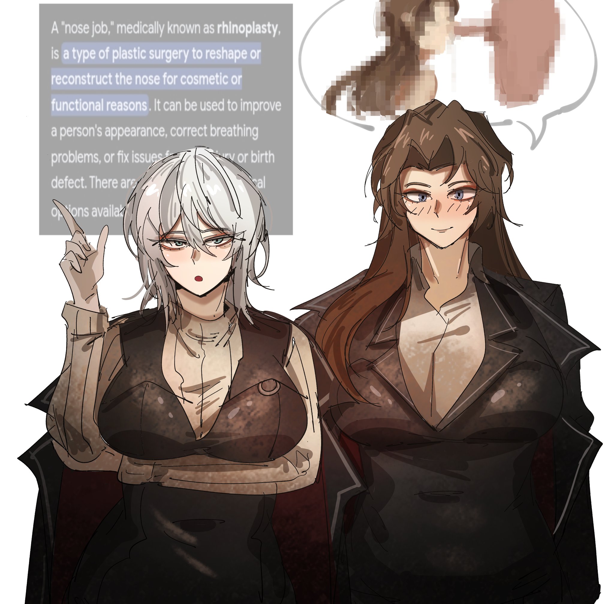 2girls, arczaeon, breasts, faust (limbus company), female, female only, huge breasts, human, large breasts, limbus company, nosejob, project moon, rodion (limbus company), text, voluptuous