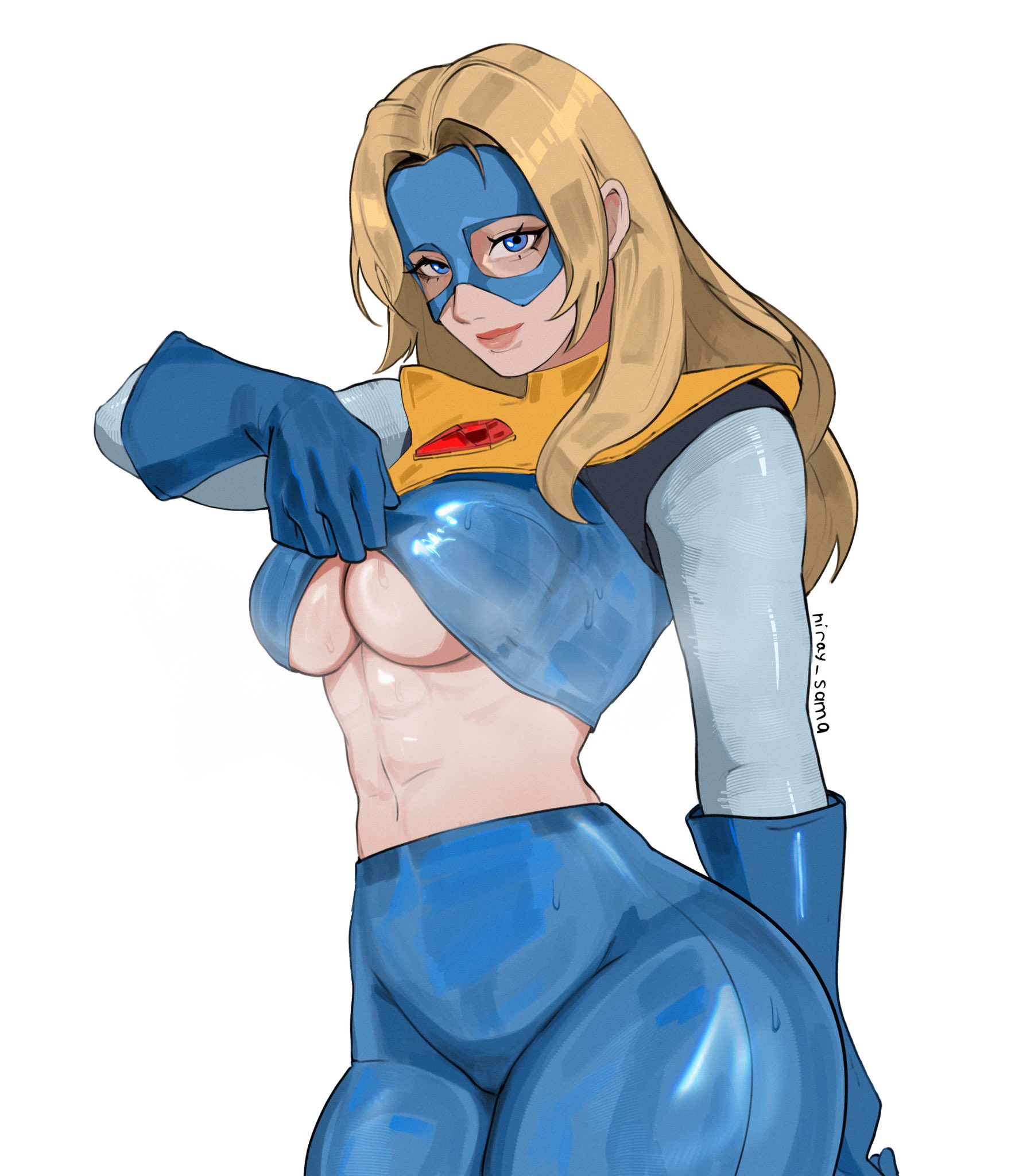1girls, 2d, 2d (artwork), abs, artist name, big breasts, big thighs, blonde blazer, breasts, curvaceous, curvy, curvy figure, digital media (artwork), dispatch (game), female, female only, hips, huge breasts, huge thighs, large breasts, large thighs, legs, lifting shirt, light skin, light-skinned female, looking at viewer, mature, mature female, mostly clothed, niray sama, no sex, realistic breast size, realistic proportions, shiny clothes, shirt lift, simple background, slim waist, solo, solo female, superheroine, thick, thick hips, thick legs, thick thighs, thighs, tight clothing, uchihaniray, voluptuous, waist, white background, wide hips, wide thighs