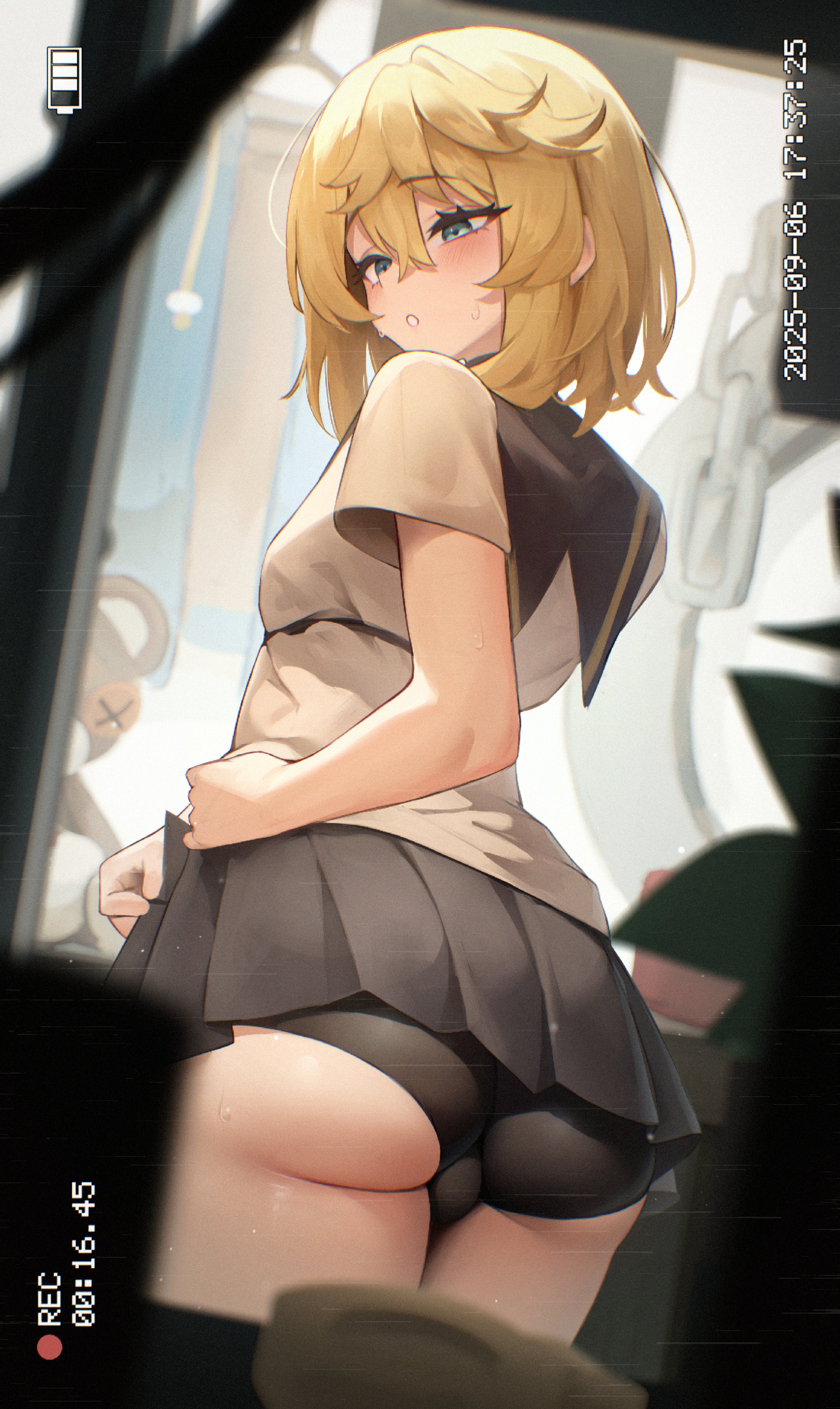 1boy, absurdres, ass, bike shorts, blonde hair, blue eyes, breasts, bridget, bulge, camera view, crossdressing, cuffs, femboy, from behind, gay, guilty gear, guilty gear strive, hakusyokuto, handcuffs, hidden camera, hiding, highres, looking down, male, male focus, male only, medium hair, peeping, recording, roger (guilty gear), sailor collar, shirt, skirt, sweatdrop, thighs, trans woman, transfem, transgender, trap, twink, unaware, undressing
