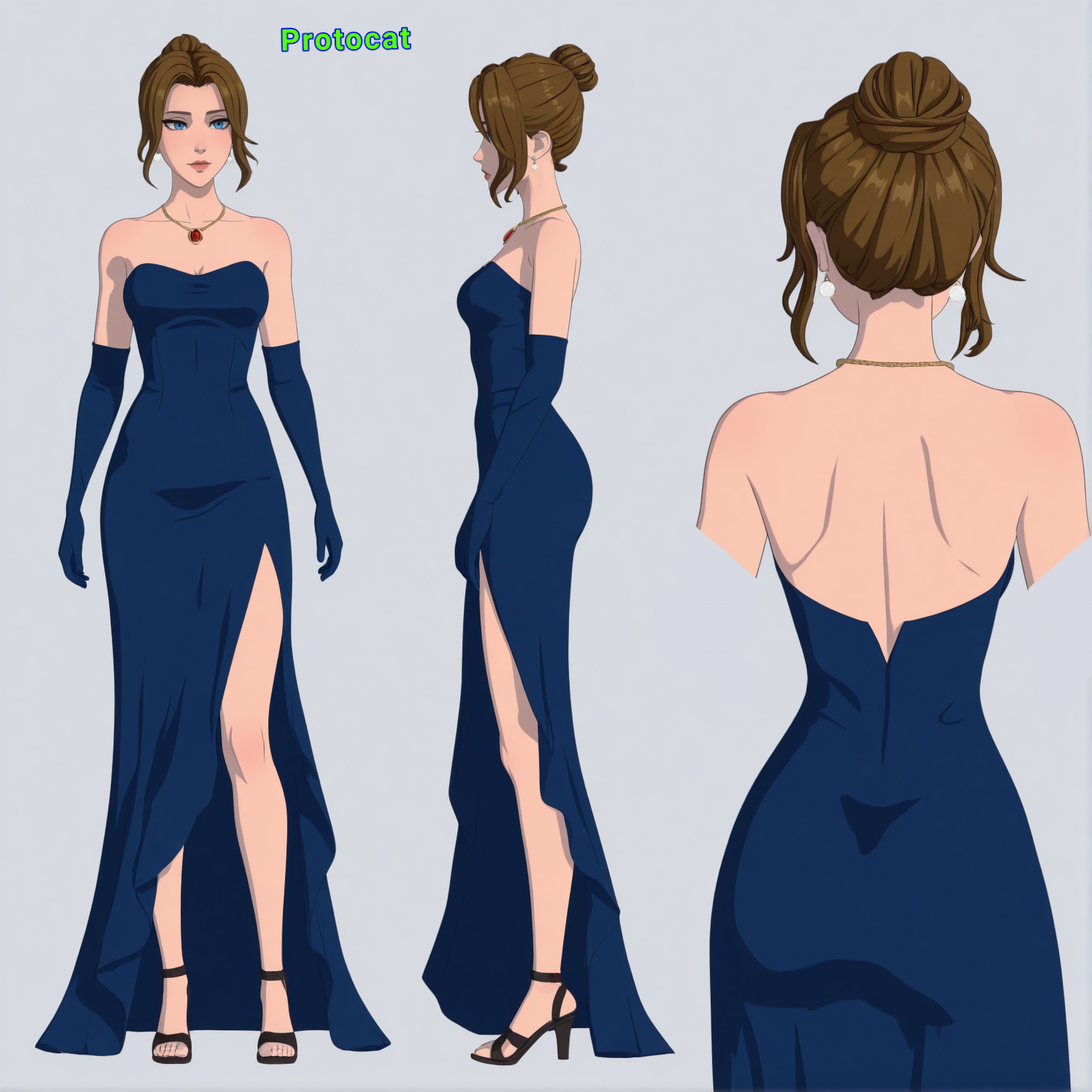 1girls, ai assisted, ai generated, alternate costume, alternate hair color, alternate hairstyle, ankle strap heels, armwear, back view, bare legs, bare shoulders, blonde blazer, blue clothing, blue dress, blue eyes, blue gloves, breasts, brown hair, brunette hair, cel shading, cg, character profile, character sheet, cleavage, dispatch (game), dress, earrings, elbow gloves, female, footwear, full lips, gemstone, gloved hands, gloves, hair bun, heels, hi res, high heels, jewelry, legs, light skin, light-skinned female, lips, long dress, mandy (dispatch), necklace, official alternate costume, protocat, sidelocks, simple background, slender legs, slim, slim waist, white background