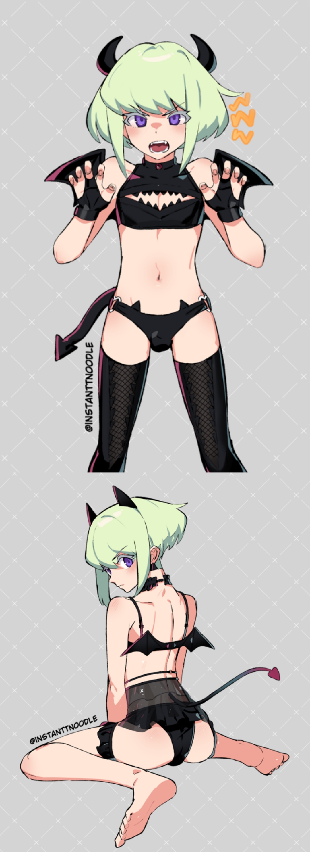 1boy, androgynous, ass, ass focus, bat wings, black legwear, bob cut, bulge, bulge through clothing, costume, crossdressing, devil horns, devil tail, femboy, femboy only, incubus, instanttnoodle, lio fotia, looking at viewer, male, multiple views, panties, petite, petite body, petite male, promare, short hair, slim, slim male, slim waist, stockings, succubus, succubus costume, succubus horns, succubus tail, succubus wings, thighhighs, twink