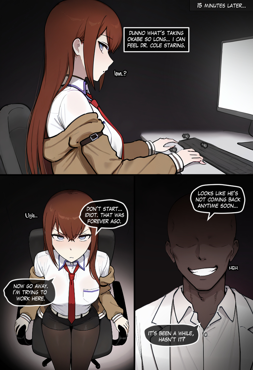 1boy, 1girls, ai, ai art, ai assisted, ai generated, ai-created, background, belt, belt buckle, big breasts, black body, blush, blushing at viewer, blushing female, breasts, brown body, brown skin, buckle, caption, caption box, captioned, chair, cheating, cheating female, cheating girlfriend, closed mouth, clothed, clothing, coiefen, computer, computer monitor, dark background, dark body, dark skin, dark-skinned male, dialogue, dialogue box, dialogue bubble, dress, dress shirt, ear, eyebrows, eyebrows visible through hair, eyes, eyes open, faceless character, faceless male, female, gray eyes, grey eyes, hair, hair between eyes, hips, imminent anal, imminent fellatio, imminent oral, imminent penetration, imminent rape, imminent sex, imminent vaginal, interracial, jacket, jacket off shoulders, jacket open, jacket partially removed, keyboard, keyboard (computer), leather, leather clothing, leather shorts, light, light body, light skin, light-skinned, light-skinned female, long hair, looking at another, looking at viewer, looking up, makise kurisu, male, male/female, medium breasts, mentioned character, mouth, mouth closed, netorare, nose, ntr, open eyes, open mouth, out of frame, raceplay, red hair, red tie, shorts, simple background, sitting, sitting on chair, snowbunny, standing, steins;gate, stockings, story, story at source, straight, table, talking, teeth, teeth visible, text, text bubble, tie, time skip, wire, wires