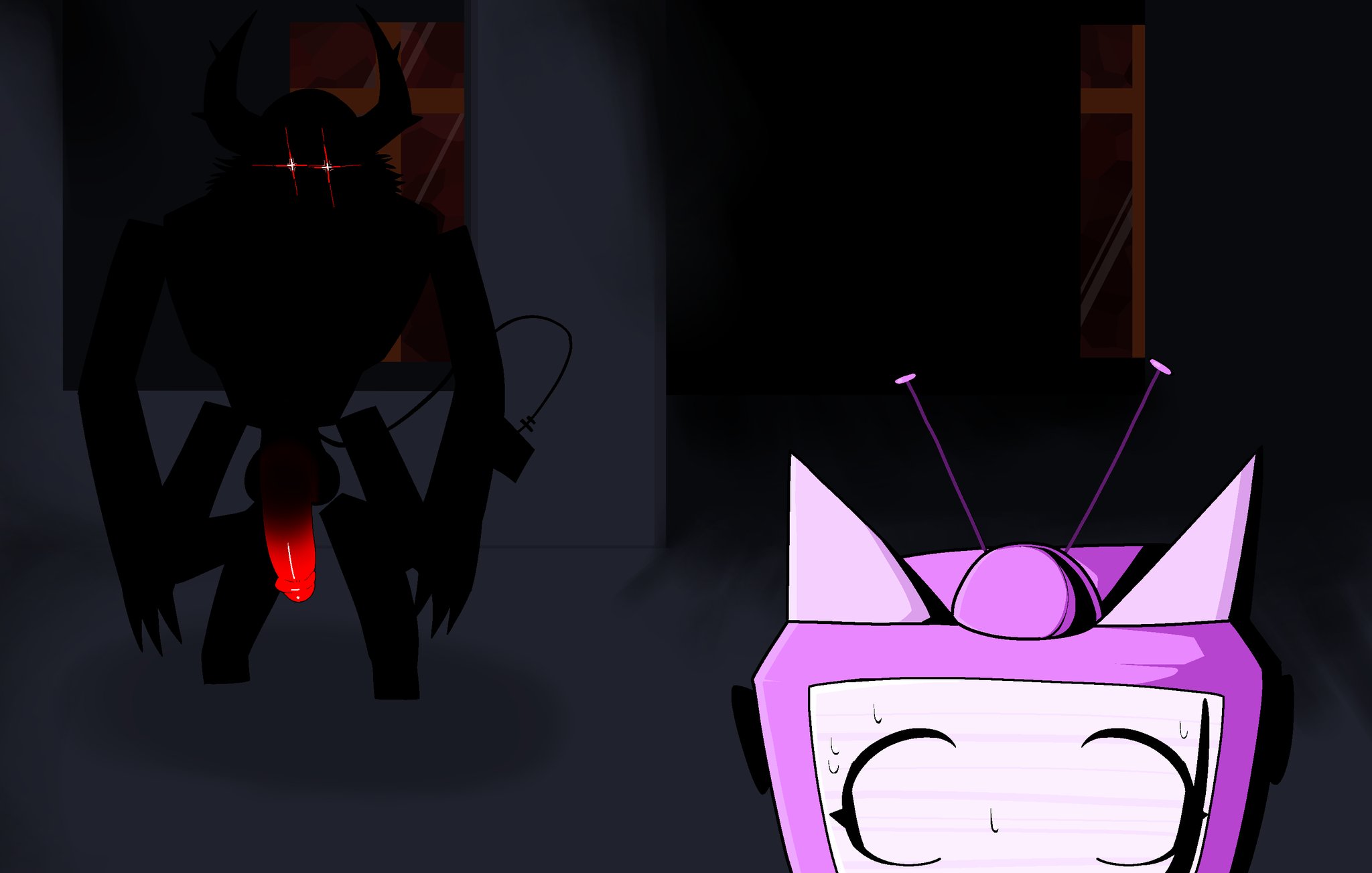 1boy, 1girls, altpho, antennae, cat ears, forsaken (roblox), guest 666 (forsaken), horns, hyper penis, imminent sex, kitty pop veeronica, rape, raped by monster, red penis, roblox, roblox game, robloxian, sweat, tagme, tail, tv, tv head, tv screen, veeronica