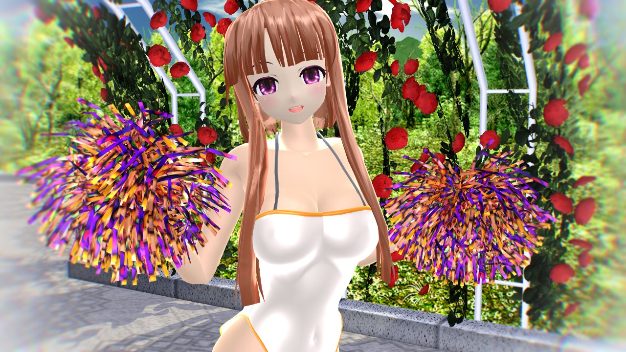 1girls 2023 3d_(artwork) blush breasts brown_hair_female cleavage garden half-closed_eyes hati_yukkuri_mmd hidden_star_in_four_seasons holding_pom_poms human jpeg light-skinned_female long_hair_female looking_at_viewer mmd nishida_satono open_mouth outdoors pink_eyes pom_poms rose solo_female solo_focus swimsuit touhou white_swimsuit