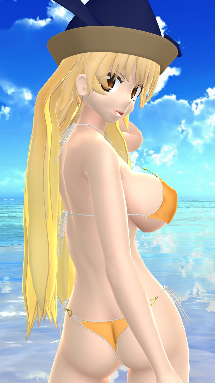 1girls 2023 3d ass back_view beach bikini blonde_hair_female blue_sky breasts butt_crack deity elbow god hat hati_yukkuri_mmd headwear hidden_star_in_four_seasons light-skinned_female long_hair_female looking_at_viewer looking_back mmd okina_matara one_arm_up outdoors rear_view sky solo_female solo_focus swimsuit touhou waist water yellow_bikini