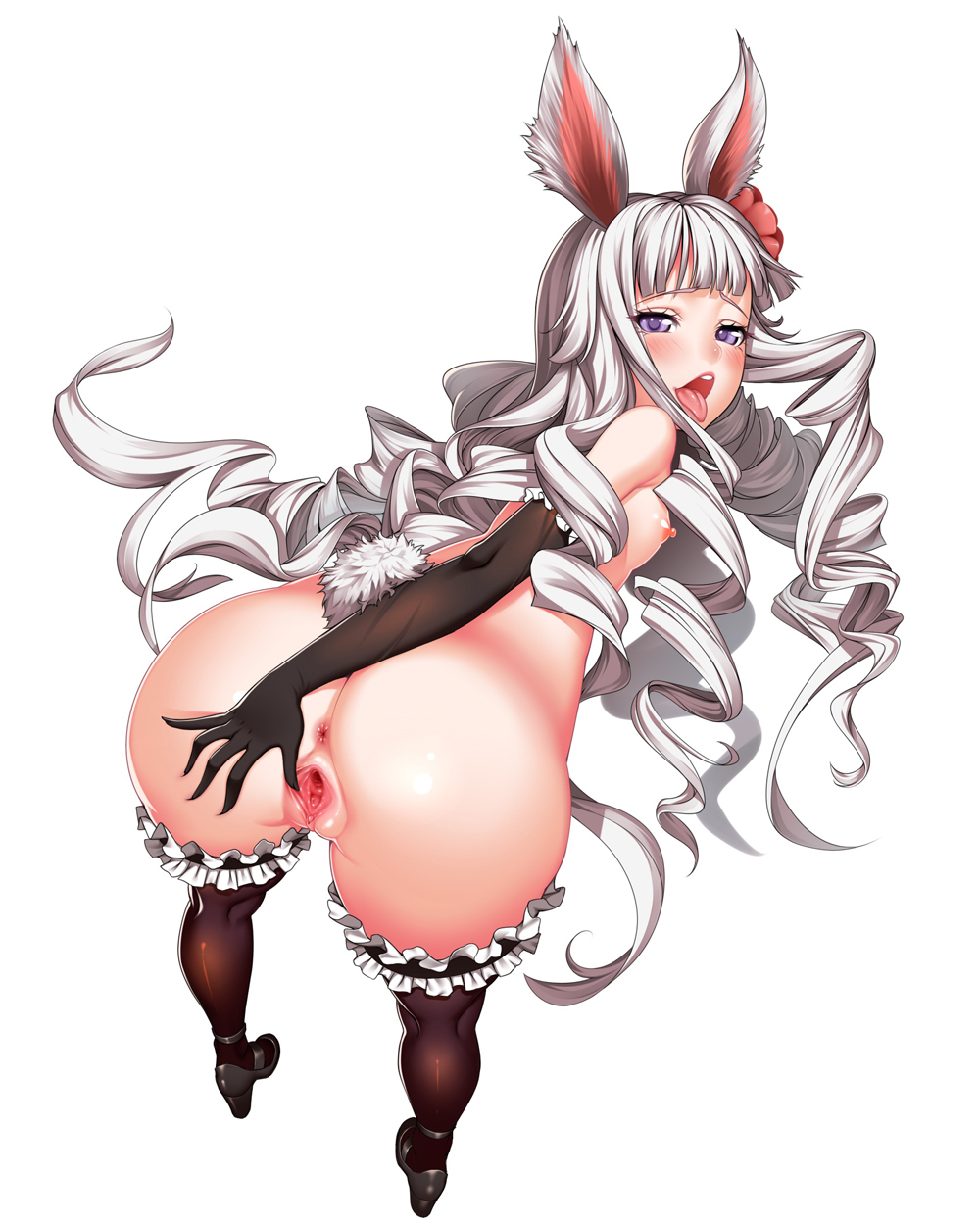 :d animal_ears anus ass bare_shoulders bent_over black_gloves black_legwear bunny_ears bunny_tail drill_hair elbow_gloves elin_(tera) female flower frilled_legwear gloves hair_flower hair_ornament highres long_hair looking_at_viewer looking_back lucknight nipples nude open_mouth purple_eyes pussy silver_hair smile solo spread_pussy tail tera_online thighhighs tongue tongue_out uncensored very_long_hair