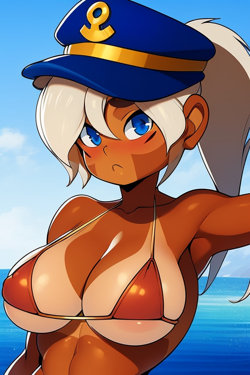 admiral_brickell ai_generated beach big_breasts bikini bikini_top bloons_tower_defense brown_skin hat monkey_girl ponytail