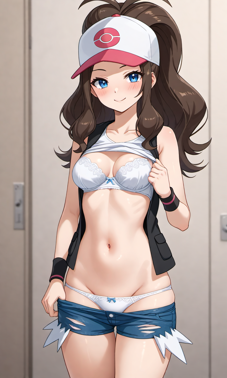 ai_generated baseball_cap bedroom blue_eyes brown_hair cap denim_shorts hilda_(pokemon) kslgsnb long_hair medium_breasts midriff pixai pokemon pokemon_bw pokemon_bw2 pulling_down_pants self_upload shirt shirt_lift shirt_up shorts smile underwear undressing white_bra white_panties