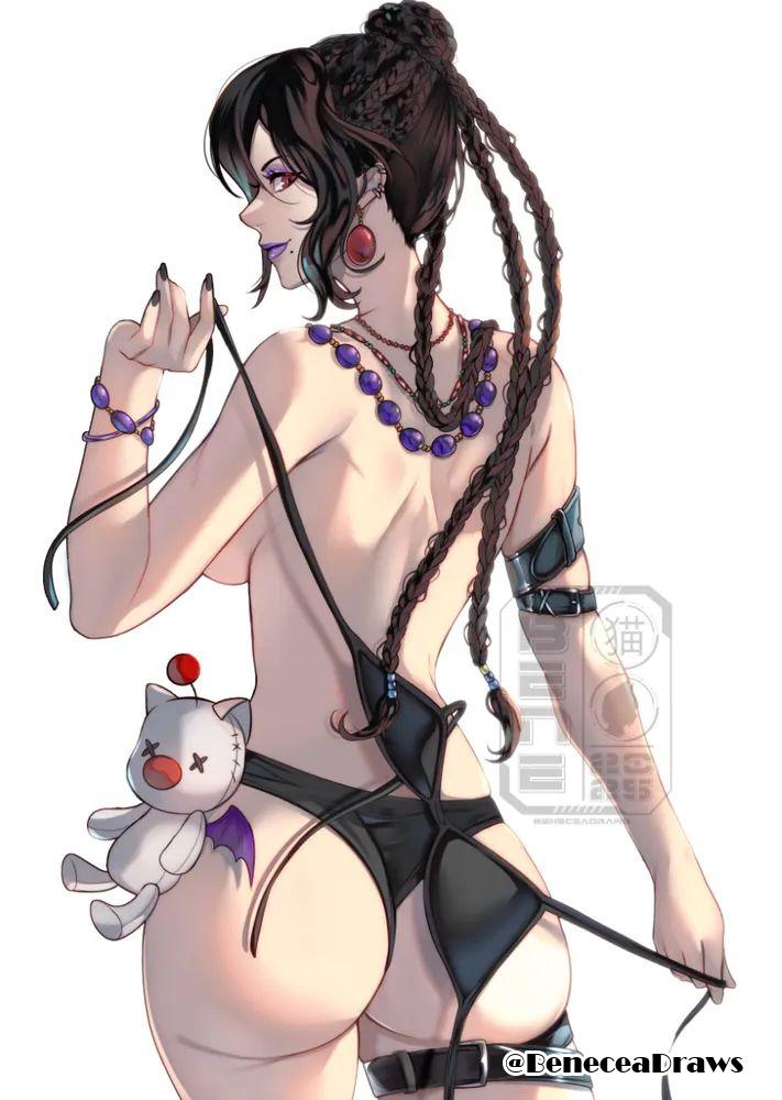 , 1girls, 2d, 2d (artwork), 2d artwork, adult, adult female, almost naked, almost nude, alternate version at source, alternate version available, armband, ass, ass cleavage, ass crack, back, backboob, bare arms, bare ass, bare back, bare breasts, bare butt, bare hands, bare hips, bare shoulders, bare skin, bare tits, beneceadraws, big boobs, big breasts, bikini removed, bikini top removed, black fingernails, black hair, black nail polish, black nails, black panties, black underwear, black-haired female, braid, braided hair, braids, breasts, busty, busty female, busty girl, butt, closed mouth smile, digital, digital art, digital drawing, digital drawing (artwork), digital media, digital media (artwork), drawing, ear piercing, ear piercings, earrings, elbows, exposed arms, exposed ass, exposed back, exposed breasts, exposed butt, exposed hips, exposed shoulders, exposed skin, female, female focus, female only, final fantasy, final fantasy x, fingernails, fingers, gluteal fold, hair between eyes, inframammary fold, large boobs, large breasts, lean figure, lips, lipstick, long hair, looking at viewer, looking back, looking back at viewer, lulu (final fantasy), mature, mature female, median furrow, mole, mole on face, mole under mouth, mostly nude, nail polish, nails, naked, naked female, naked woman, nape, narrow waist, nearly nude, nude, nude female, nudity, panties, pierced ear, pierced ears, posing, posing for the viewer, posing naked, posing nude, practically nude, profile, purple lips, purple lipstick, red eyes, red-eyed female, shoulder blades, shoulders, sideboob, simple background, slender body, slender waist, slim female, slim waist, smile, smiley face, smiling, smiling at viewer, solo, standing, thick ass, thick butt, thick thighs, thigh gap, thighband, thighs, topless, topless female, underwear, upper body, white background, wide hips