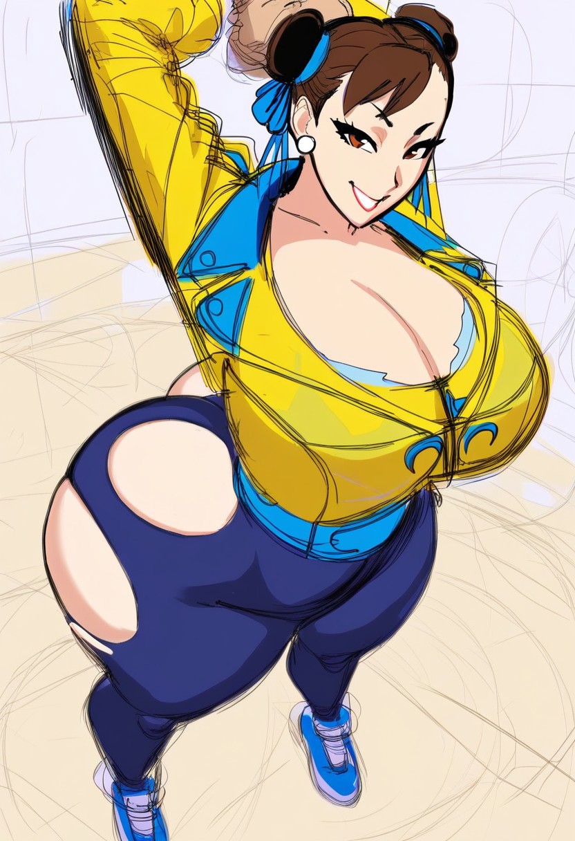 ai_generated arms_up athletic big_ass chun-li female from_above hourglass_figure huge_ass huge_brehuge leggings plump_ass plump_thighs raincoat ripped_clothing ripped_leggings solo_focus ssktch standing street_fighter t tall tall_female thick_thighs