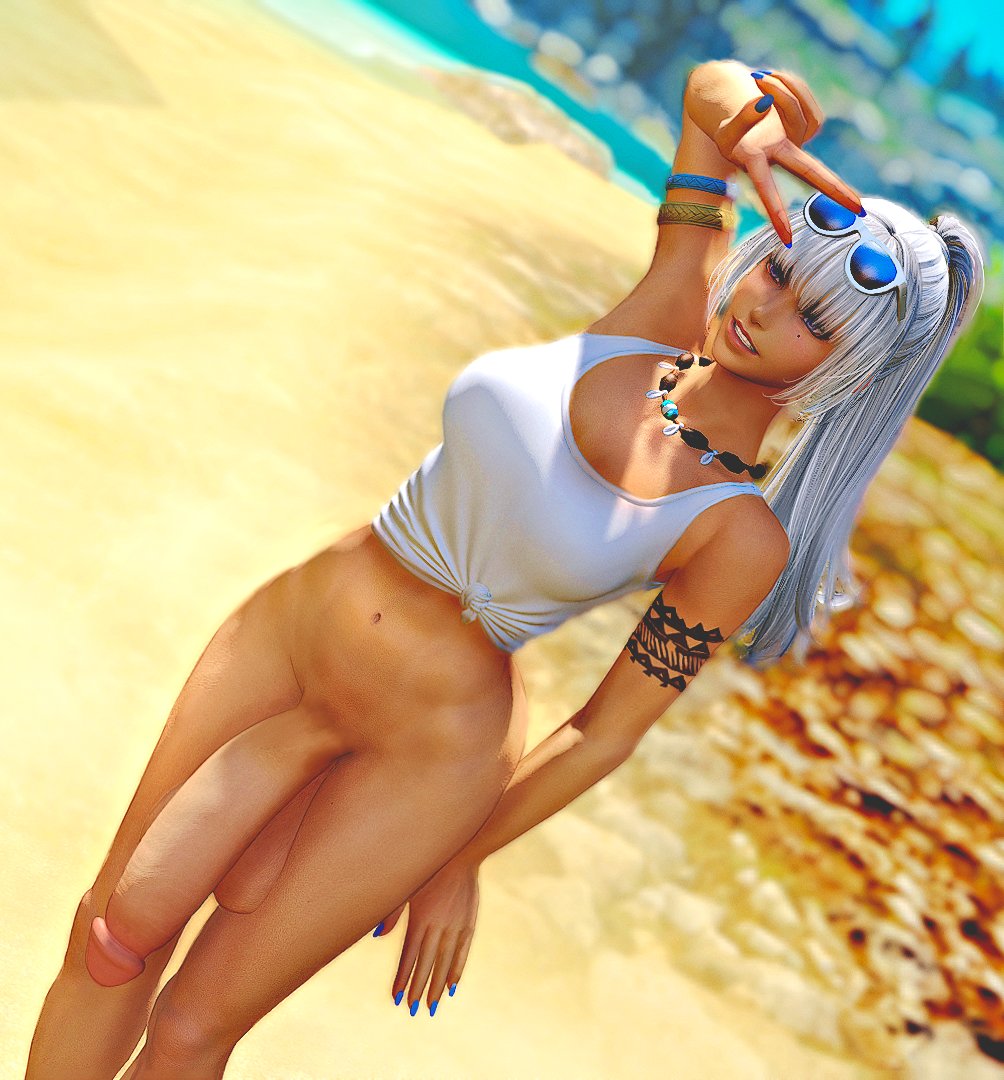 3d beach beach_background big_penis blue_nails cock_out ffxiv final_fantasy final_fantasy_xiv futanari gpose(ffxiv) grin grinning large_penis oc original original_character peace_sign penis penis_out slayerofeikons smile solo sunglasses sunglasses_on_head v warrior_of_light_(ff14) warrior_of_light_(final_fantasy_xiv) white_hair