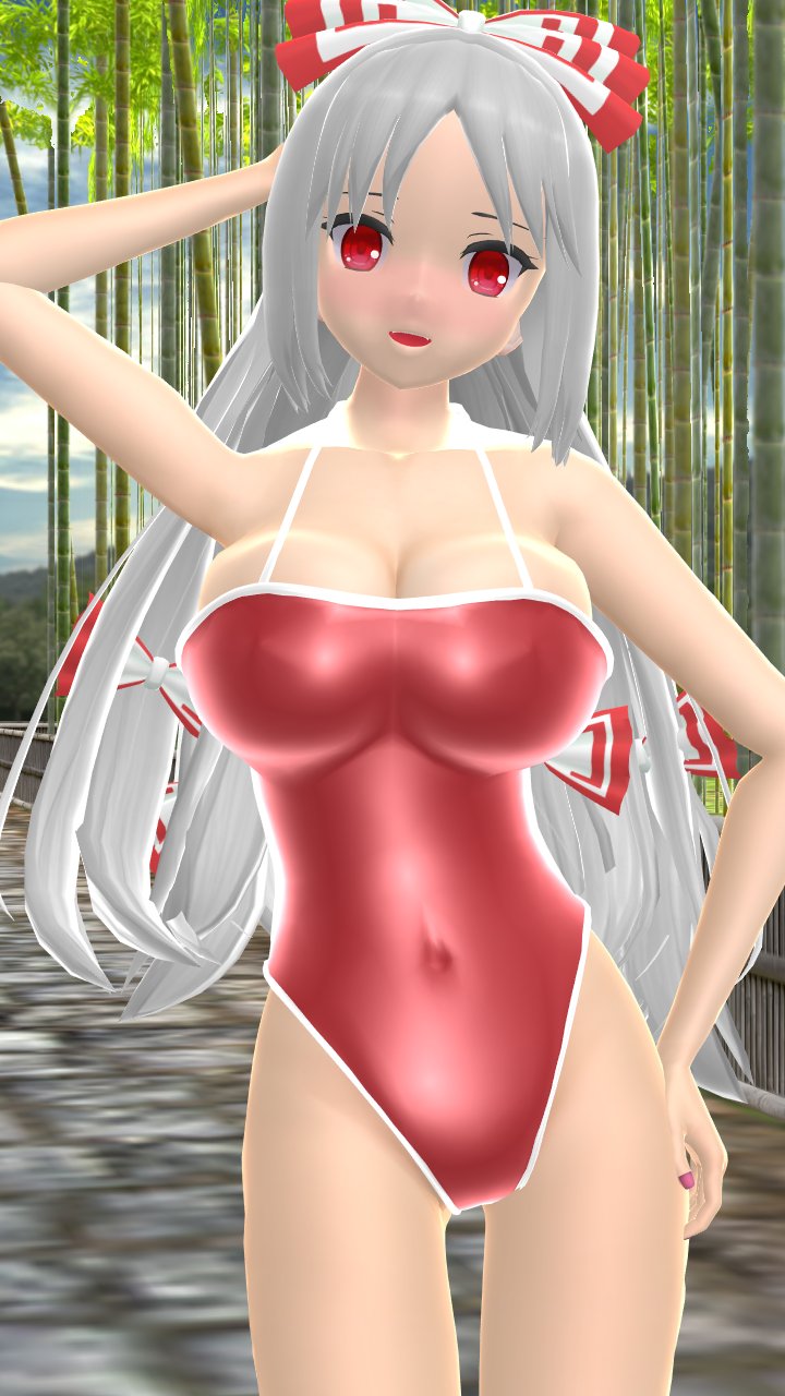 1girls 2023 3d bamboo_tree belly_button blush bowtie breasts cleavage fujiwara_no_mokou hand_on_head hati_yukkuri_mmd human imperishable_night light-skinned_female long_hair_female mmd one_arm_up open_mouth outdoors red_eyes red_swimsuit solo_female solo_focus swimsuit touhou waist white_hair_female