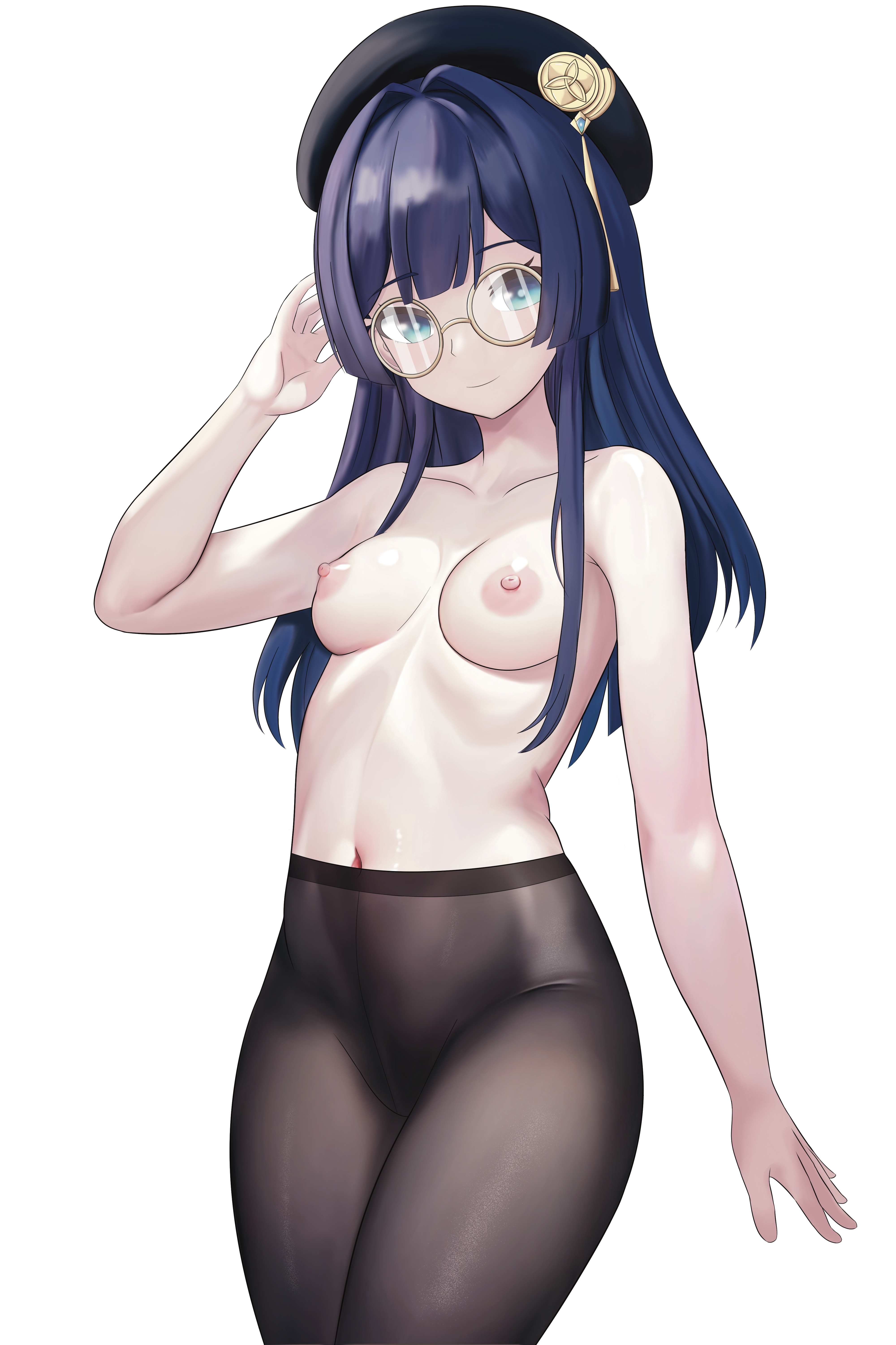1girls, blue hair, breasts, female, glasses, honkai (series), honkai: star rail, long hair, nipples, pantyhose, pela (honkai: star rail), solo, topless