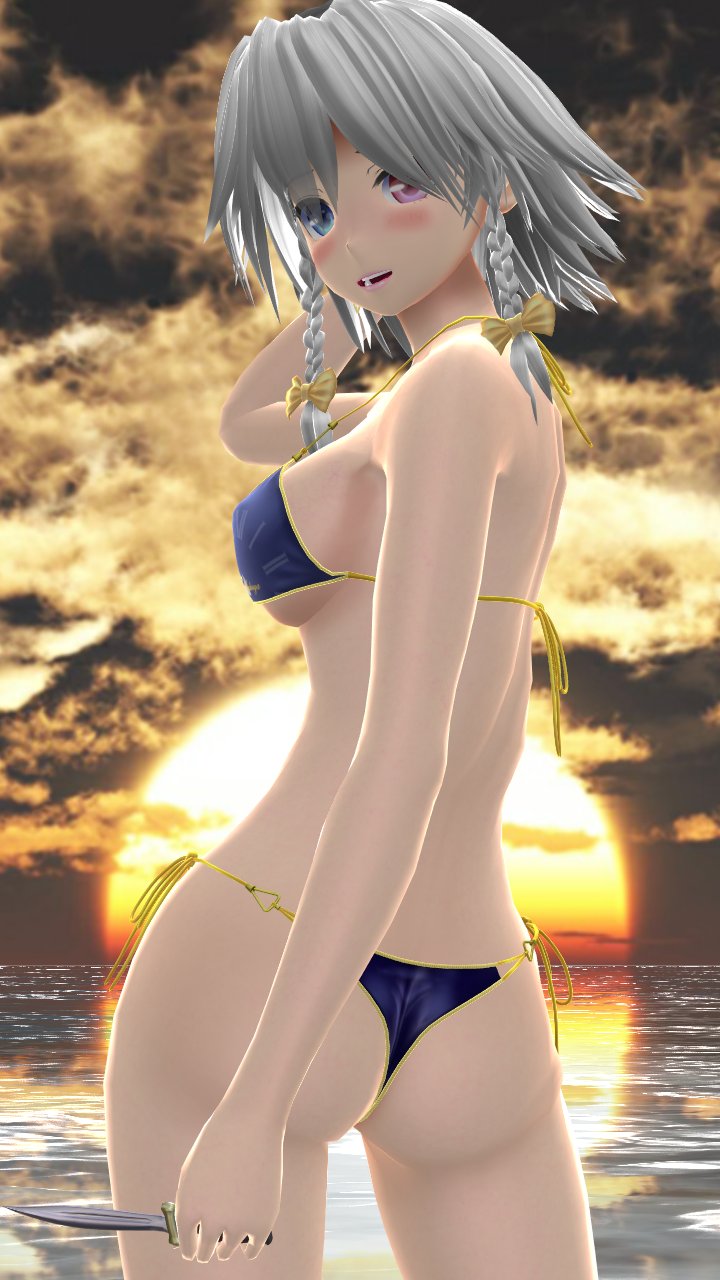 1girls 2023 3d_(artwork) ass bikini blue_bikini blush breasts butt_crack clouds embodiment_of_scarlet_devil hati_yukkuri_mmd heterochromia hips holding_weapon human knife looking_at_viewer looking_back mmd outdoors rear_view sakuya_izayoi sea short_hair_female sideboob sky solo_female solo_focus sunset swimsuit touhou water weapon white_hair_female yellow_bowtie