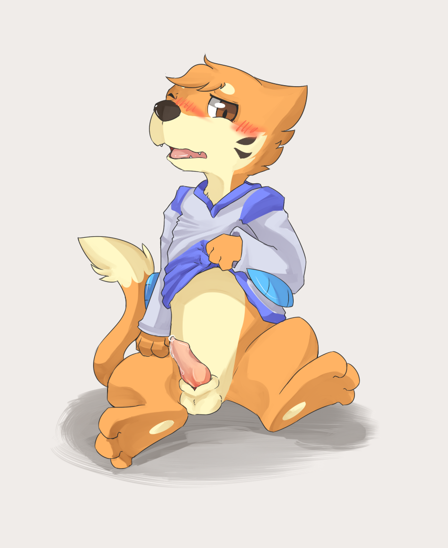 3_toes 4_fingers animal_genitalia animal_penis balls blush bottomless buizel canine_penis clothed clothing clothing_lift knot nintendo open_mouth penis pokemon precum sheath shirt shirt_lift simple_background sitting solo toes video_games zuriku