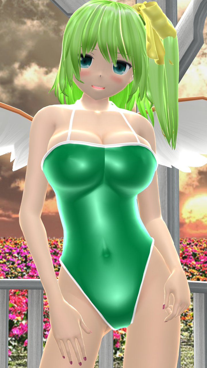 1girls 2023 3d_(artwork) belly_button blue_eyes blush breasts cleavage clouds daiyousei embodiment_of_scarlet_devil fairy fairy_wings flower_field green_hair_female hati_yukkuri_mmd light-skinned_female looking_at_viewer mmd outdoors sky solo_female solo_focus sunset swimsuit touhou wings yellow_green_hair yellow_ribbon