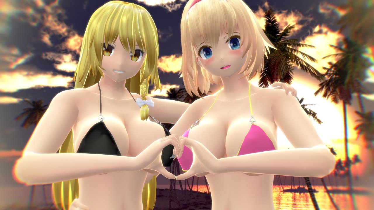 2023 2girls 3d alice_margatroid arm_on_shoulder beach bikini bikini_top black_bikini_top blonde_hair_female blue_eyes blush breasts clavicle cleavage duo_female duo_focus hand_on_hip hands_together hati_yukkuri_mmd headband heart_symbol human light-skinned_female long_hair_female looking_at_viewer marisa_kirisame mmd outdoors palm_tree perfect_cherry_blossom pink_bikini_top short_hair_female smiling_at_viewer sunset touhou water white_bowtie yellow_eyes yuri