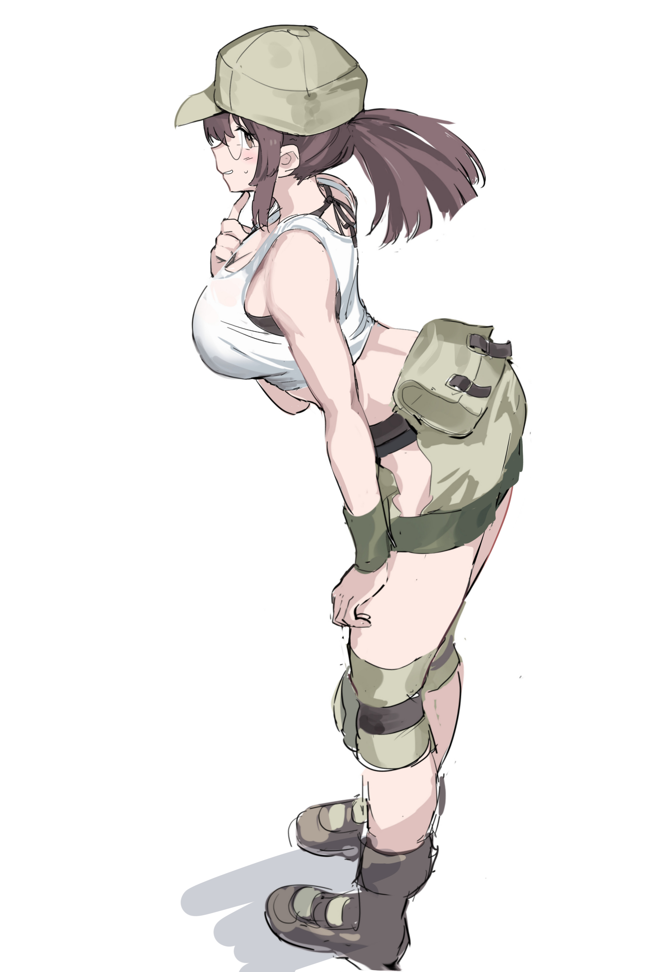 1girls, absurdres, breasts, brown hair, commentary, crop top, female, female only, fio germi, from side, glasses, hat, highres, huanxiang huifeng, knee pads, large breasts, leaning forward, looking at viewer, metal slug, midriff, ponytail, round eyewear, smile, solo, symbol-only commentary, takamiyadaira, tank top, white background
