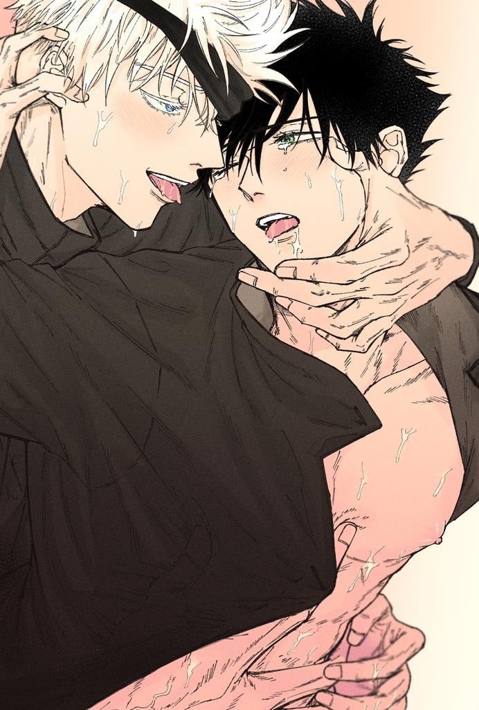 2boys age_difference black_hair black_hair_bottom blue_eyes domination face_grab fushiguro_megumi gay holding_face implied_sex jujutsu_kaisen light_hair_on_dark_hair looking_at_partner male male/male older_man_and_younger_boy open_clothes open_shirt saliva satoru_gojo sweat teacher_and_student tongue tongue_out white_eyelashes white_hair white_hair_on_black_hair white_hair_top yaoi