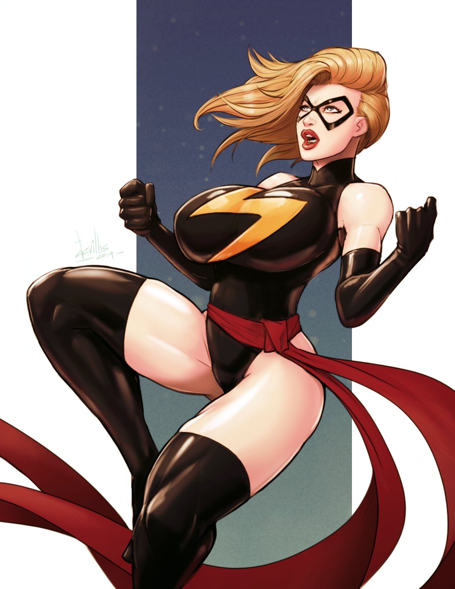 big_ass big_breasts blonde_hair carol_danvers clothing devil_hs fit_female flying gloves hourglass_figure huge_breasts legwear lipstick looking_up marvel marvel_comics mask ms._marvel ms._marvel_(carol_danvers) open_mouth perfect_body red_lipstick revealing_clothes slim_waist superheroine thick_thighs tight_clothing voluptuous white_background