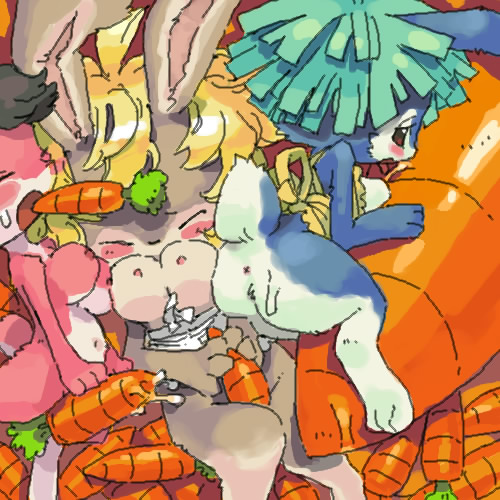 anus apron big_breasts blush breast_squish breasts carrot clothing digitigrade female food group hair kemono lagomorph low_res mammal nipples pussy_juice rabbit suggestive utsuki_maito vegetable