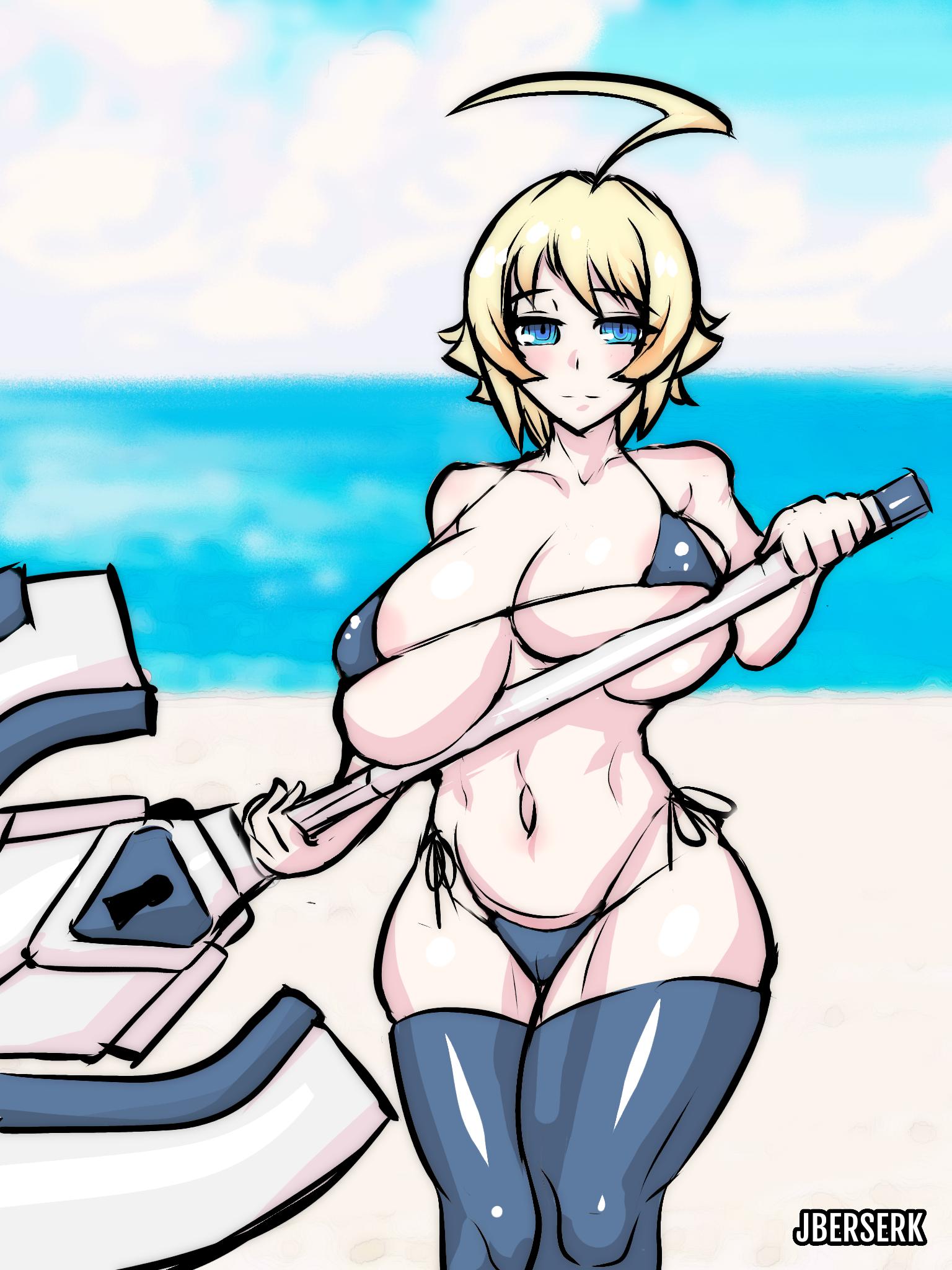 1girls ahoge areolae artist_name beach big_breasts bikini bikini_bottom bikini_top blazblue blonde_hair blue_eyes blush breasts bursting_breasts busty cleavage curvy es_(xblaze) female female_only holding_object holding_weapon huge_breasts jberserk large_breasts large_sword looking_at_viewer outdoors side-tie_bikini solo swimsuit sword thighhighs thighs weapon xblaze