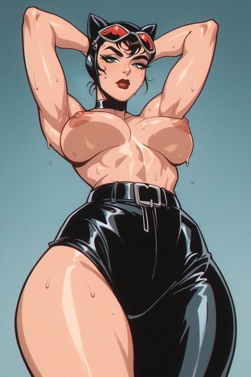 ai generated, antiheroine, armpits, batman (series), breasts, catwoman, choker, dark hair, dc, dc comics, faprunner78, female, female only, green eyes, hands behind head, head accessory, hips, lipstick, looking at viewer, medium breasts, natural breasts, nipples, red lipstick, selina kyle, short hair, slim female, slim waist, sweat, sweaty, sweaty body, thick thighs, thighs, topless, waist, wide hips
