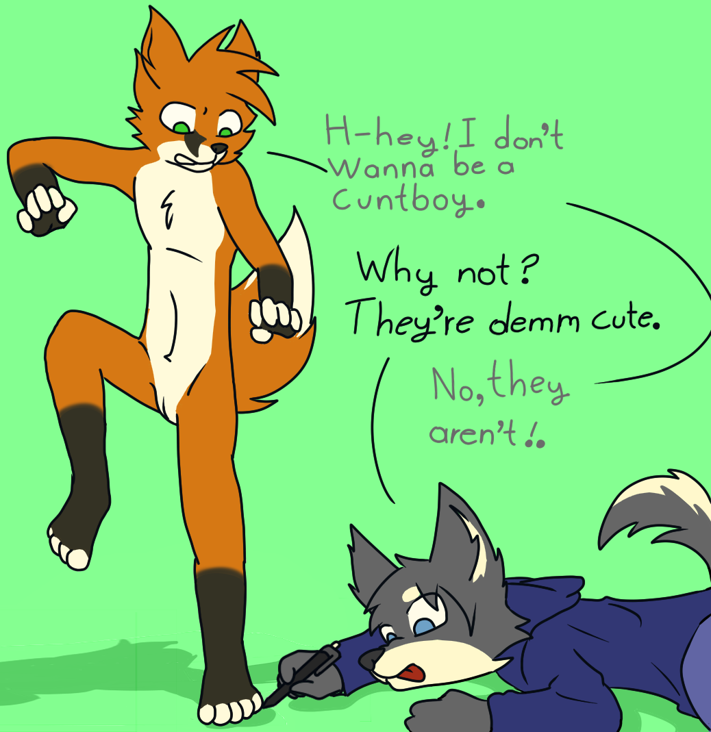 anthro canine clothed clothing cuntboy duo fox hi_res intersex male mammal martin_ballamore martinballamore pussy