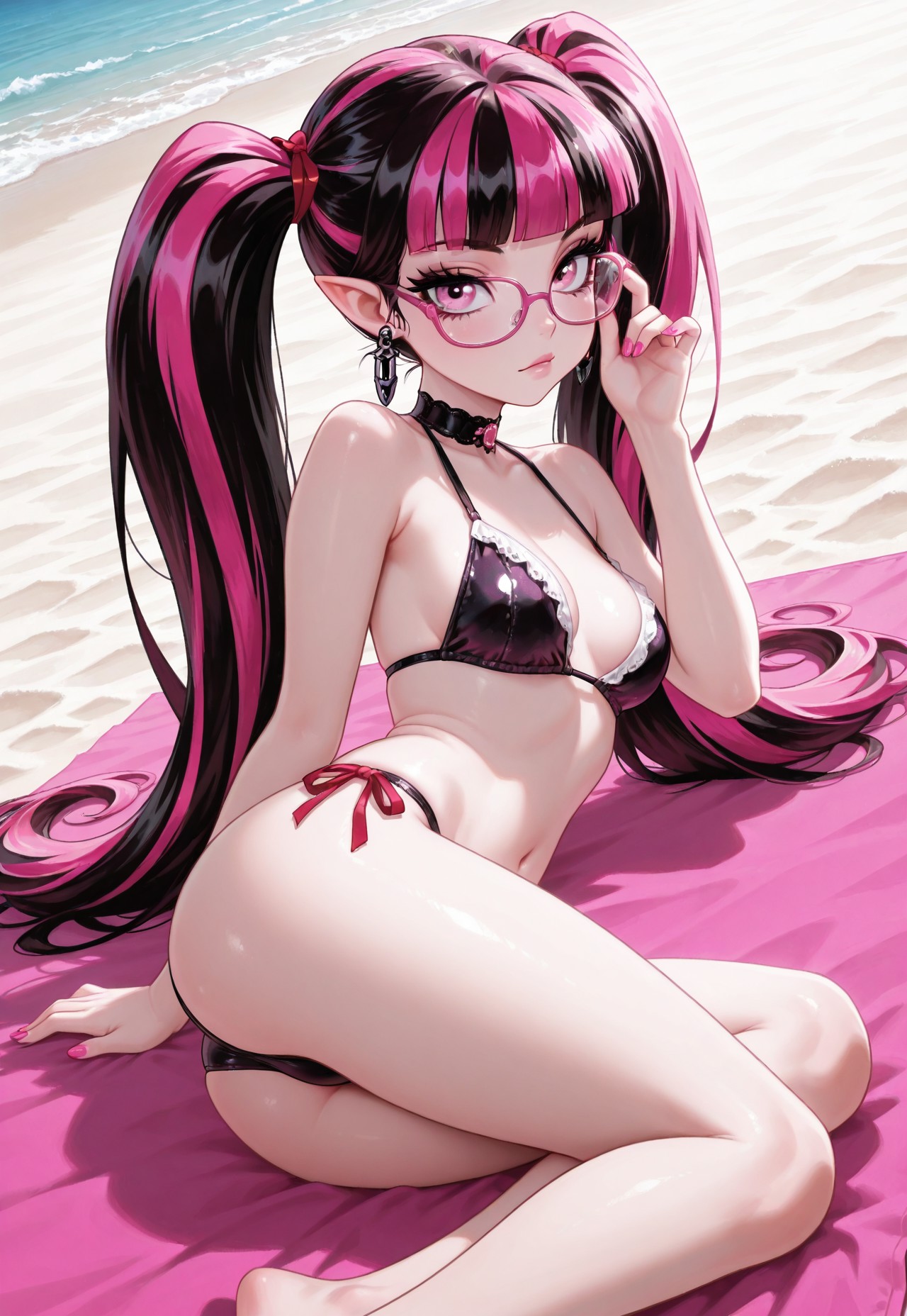 1girls, ai assisted, ai generated, ass, beach, beach towel, belly, belly button, bicolored hair, bikini, breasts, calves, choker, civitai, draculaura, eyewear, feet, female, female only, glasses, hair ribbon, laying down, looking at viewer, monster high, nail polish, pale skin, pink eyes, pointy ears, seaside, small breasts, solo, solo female, sunlight, swimsuit, thick thighs, twintails, two piece swimsuit, unbothered, vampire girl, white skin
